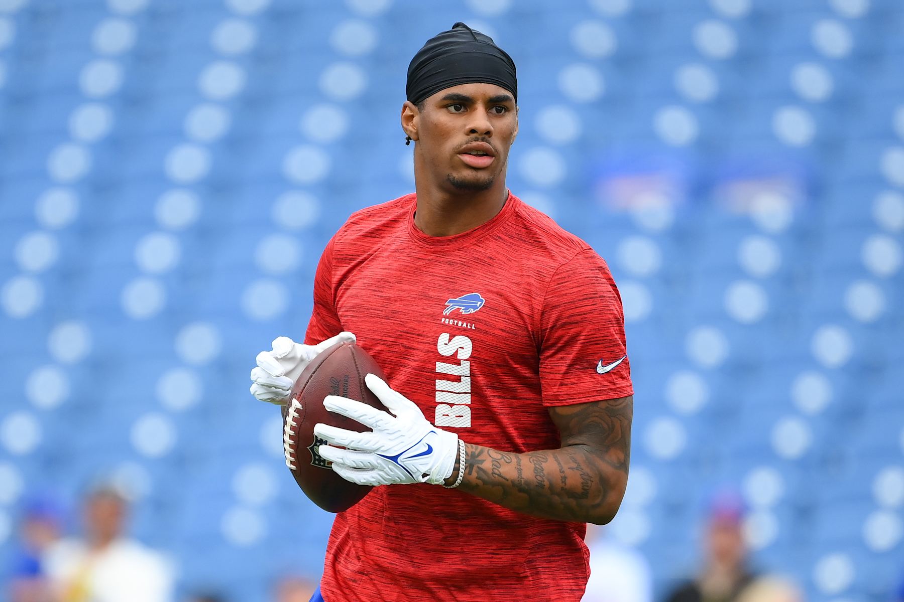 ORCHARD PARK, NEW YORK - AUGUST 10: Keon Coleman #0 of the Buffalo Bills warms up prior to a preseason game against the Chicago Bears at Highmark Stadium on August 10, 2024 in Orchard Park, New York. (Photo by Rich Barnes/Getty Images)
