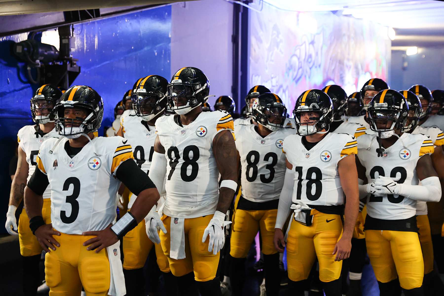 DETROIT, MI - AUGUST 24:  Pittsburgh Steelers quarterback Russell Wilson (3) and his teammates wait to take the field before the start of an NFL preseason football game between the Pittsburgh Steelers and the Detroit Lions on August 24, 2024 at Ford Field in Detroit, Michigan.  (Photo by Scott W. Grau/Icon Sportswire via Getty Images)