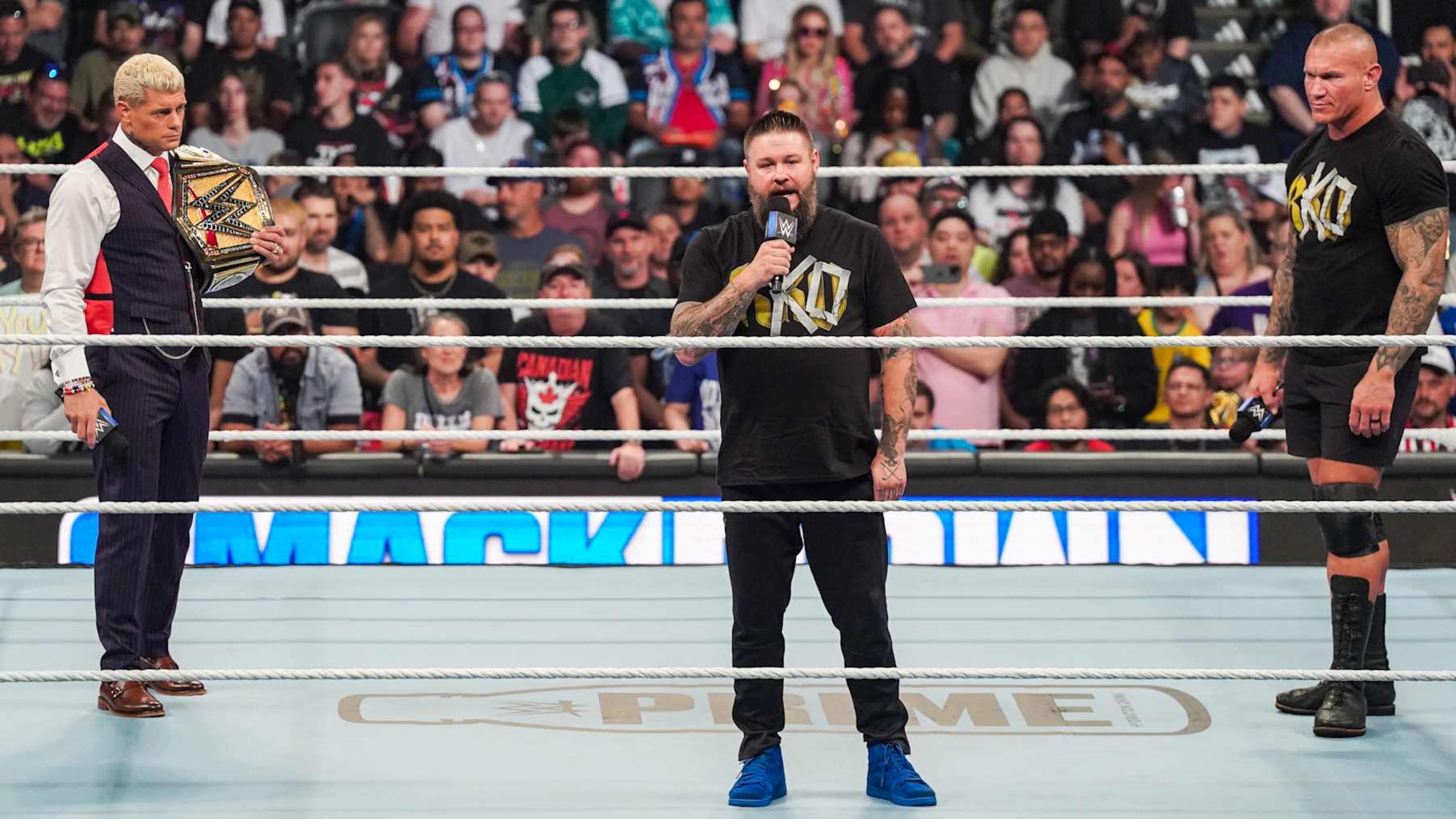 TORONTO, CANADA - JULY 5: Kevin Owens talks to the WWE Universe during SmackDown at Scotiabank Arena on July 5, 2024 in Toronto, Canada.  (Photo by WWE/Getty Images)