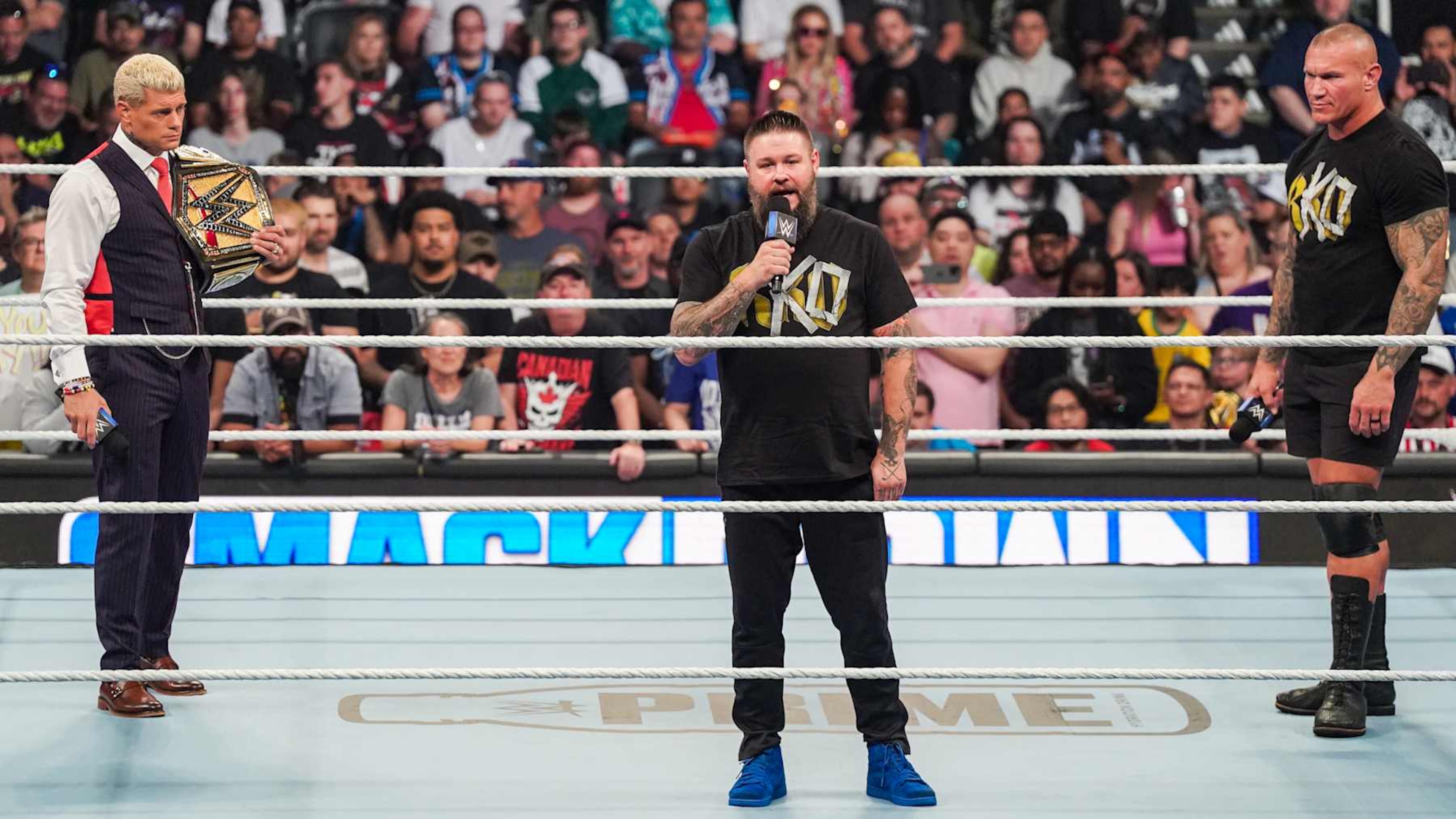 TORONTO, CANADA - JULY 5: Kevin Owens talks to the WWE Universe during SmackDown at Scotiabank Arena on July 5, 2024 in Toronto, Canada.  (Photo by WWE/Getty Images)
