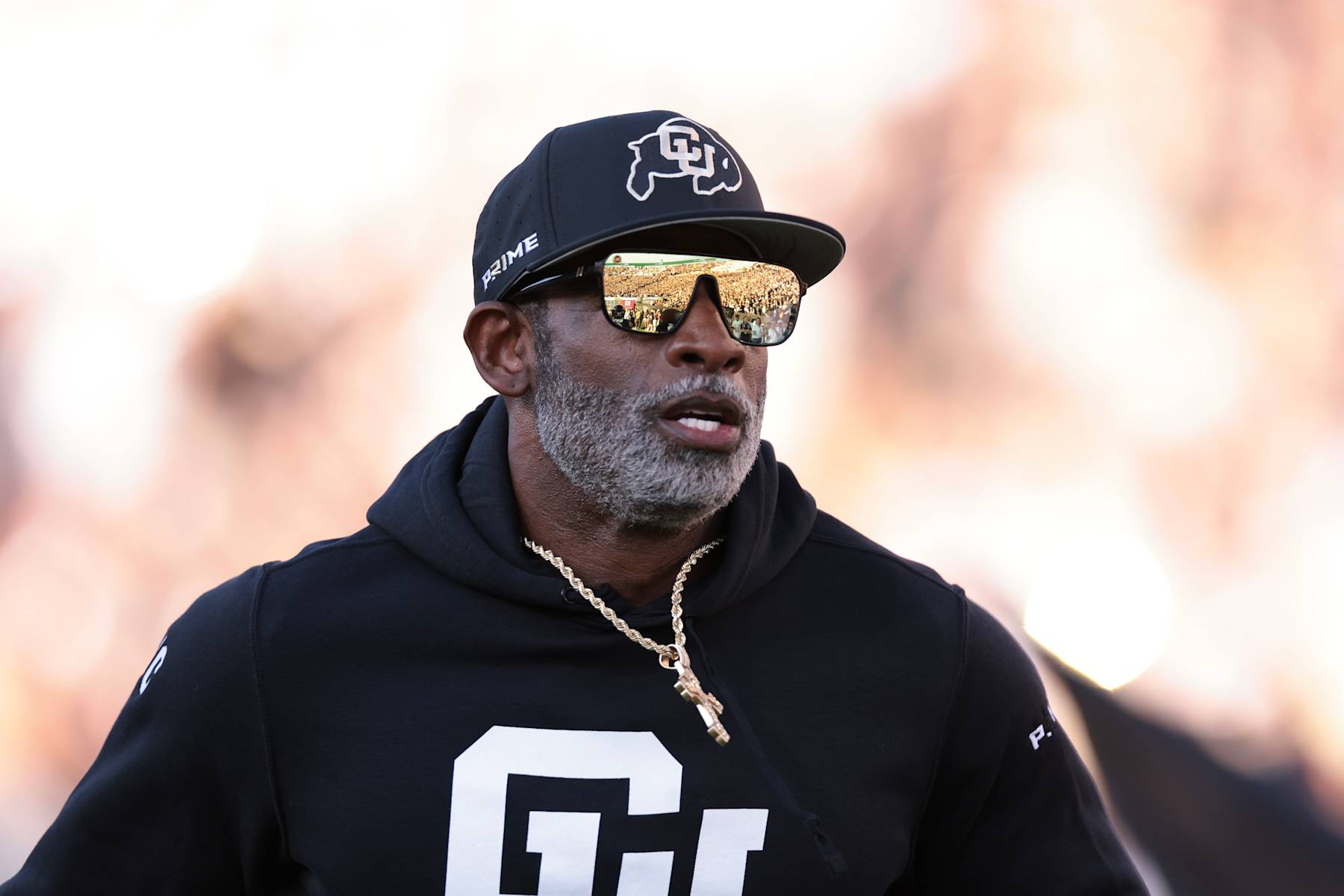 BOULDER, COLORADO - AUGUST 29: Head coach Deion Sanders of the Colorado Buffaloes walks the field during warm ups prior to the game against the North Dakota State Bison at Folsom Field on August 29, 2024 in Boulder, Colorado. (Photo by Andrew Wevers/Getty Images)