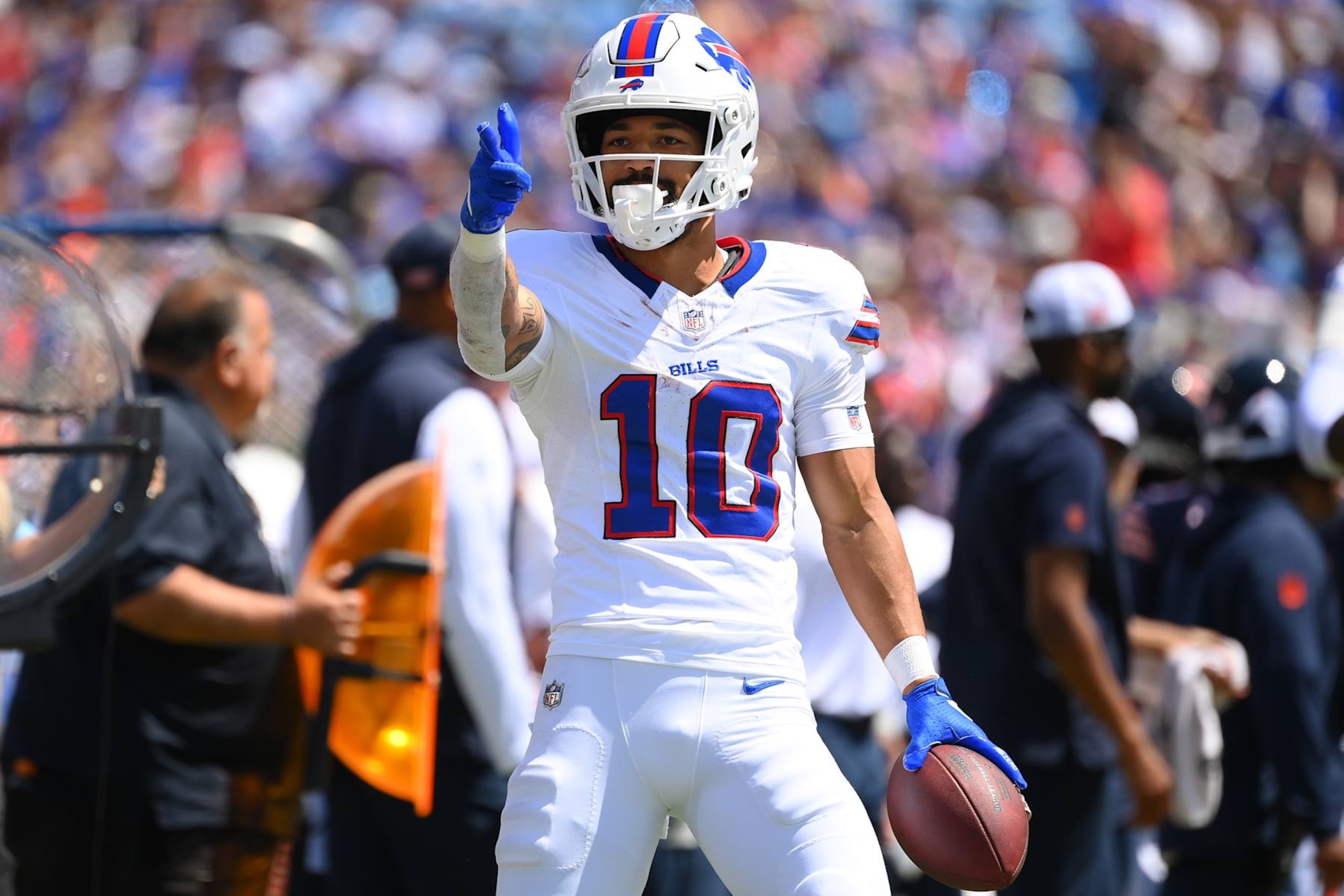 ORCHARD PARK, NEW YORK - AUGUST 10: Khalil Shakir #10 of the Buffalo Bills reacts to a play against the Chicago Bears during the first half of a preseason game at Highmark Stadium on August 10, 2024 in Orchard Park, New York. (Photo by Rich Barnes/Getty Images)