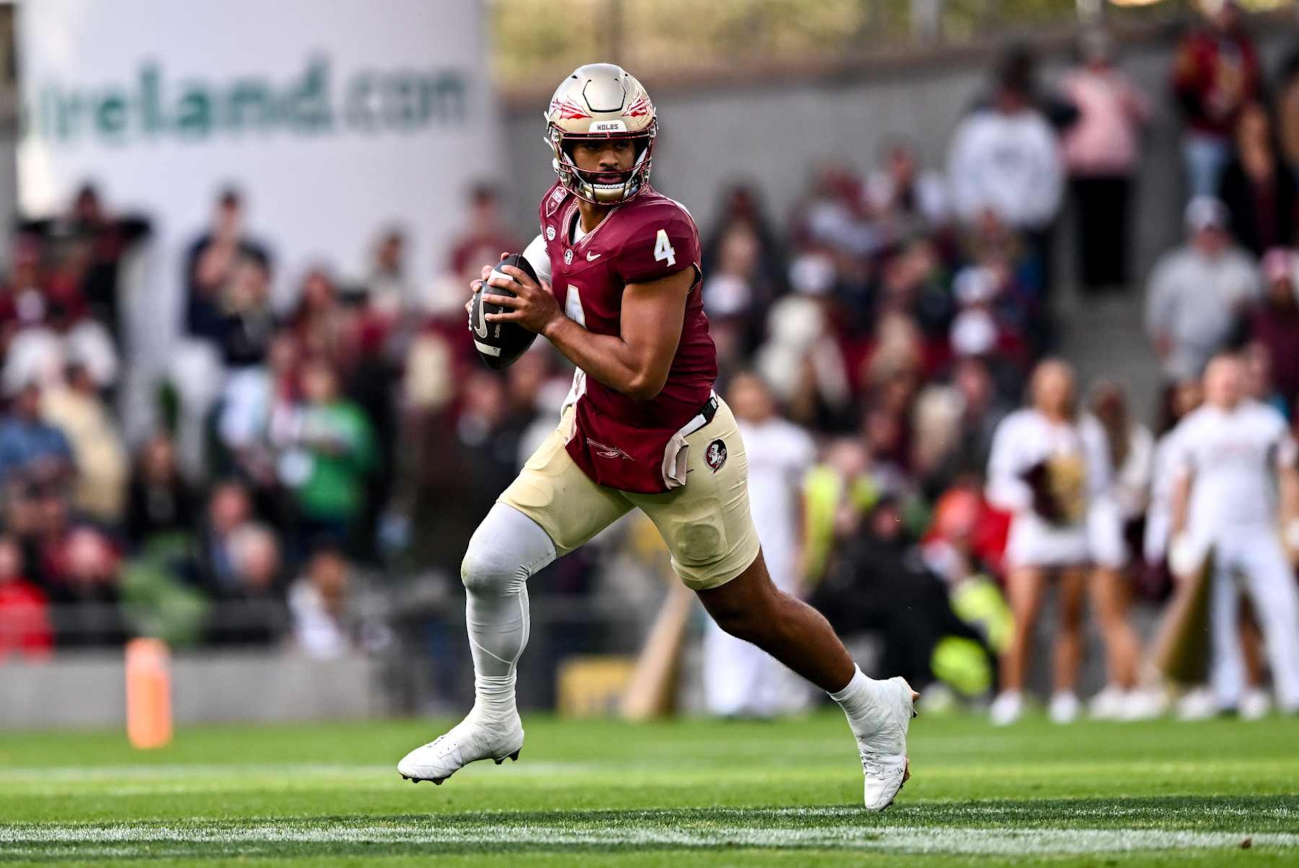 Dublin , Ireland - 24 August 2024; Florida State Seminoles quarterback DJ Uiagalelei during the 2024 Aer Lingus College Football Classic match between Florida State and Georgia Tech at Aviva Stadium in Dublin. (Photo By Ben McShane/Sportsfile via Getty Images)