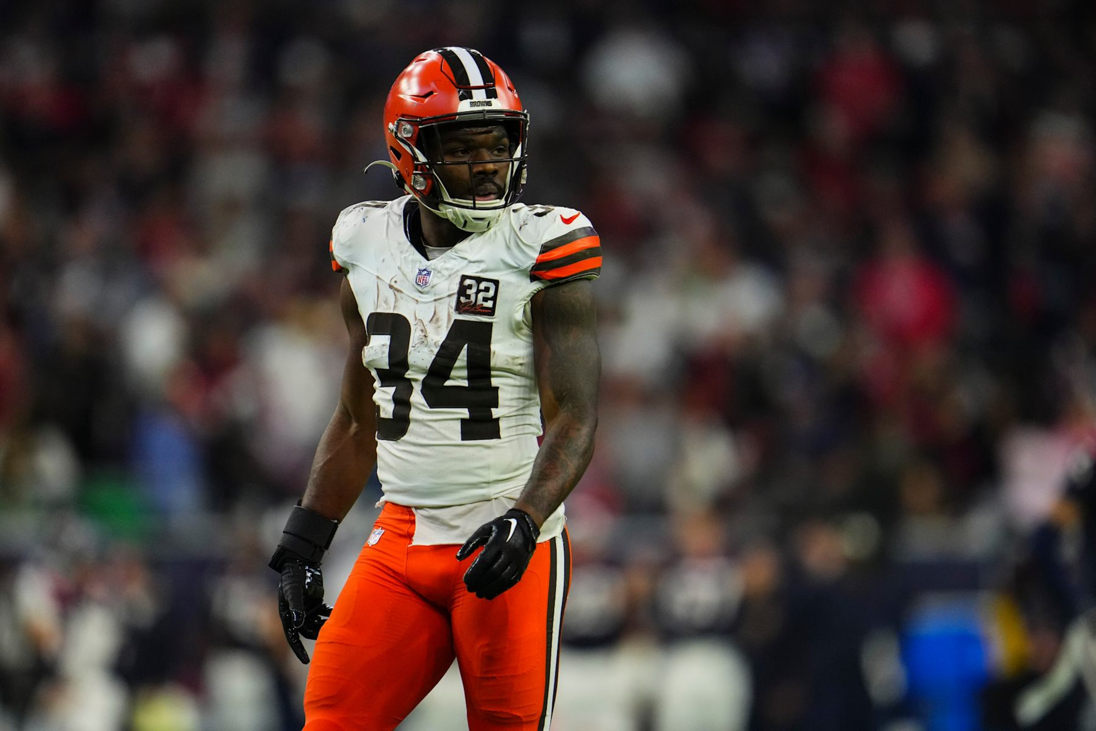 HOUSTON, TX - JANUARY 13: Jerome Ford #34 of the Cleveland Browns looks on from the field during an NFL wild-card playoff football game against the Houston Texans at NRG Stadium on January 13, 2024 in Houston, Texas. (Photo by Cooper Neill/Getty Images)