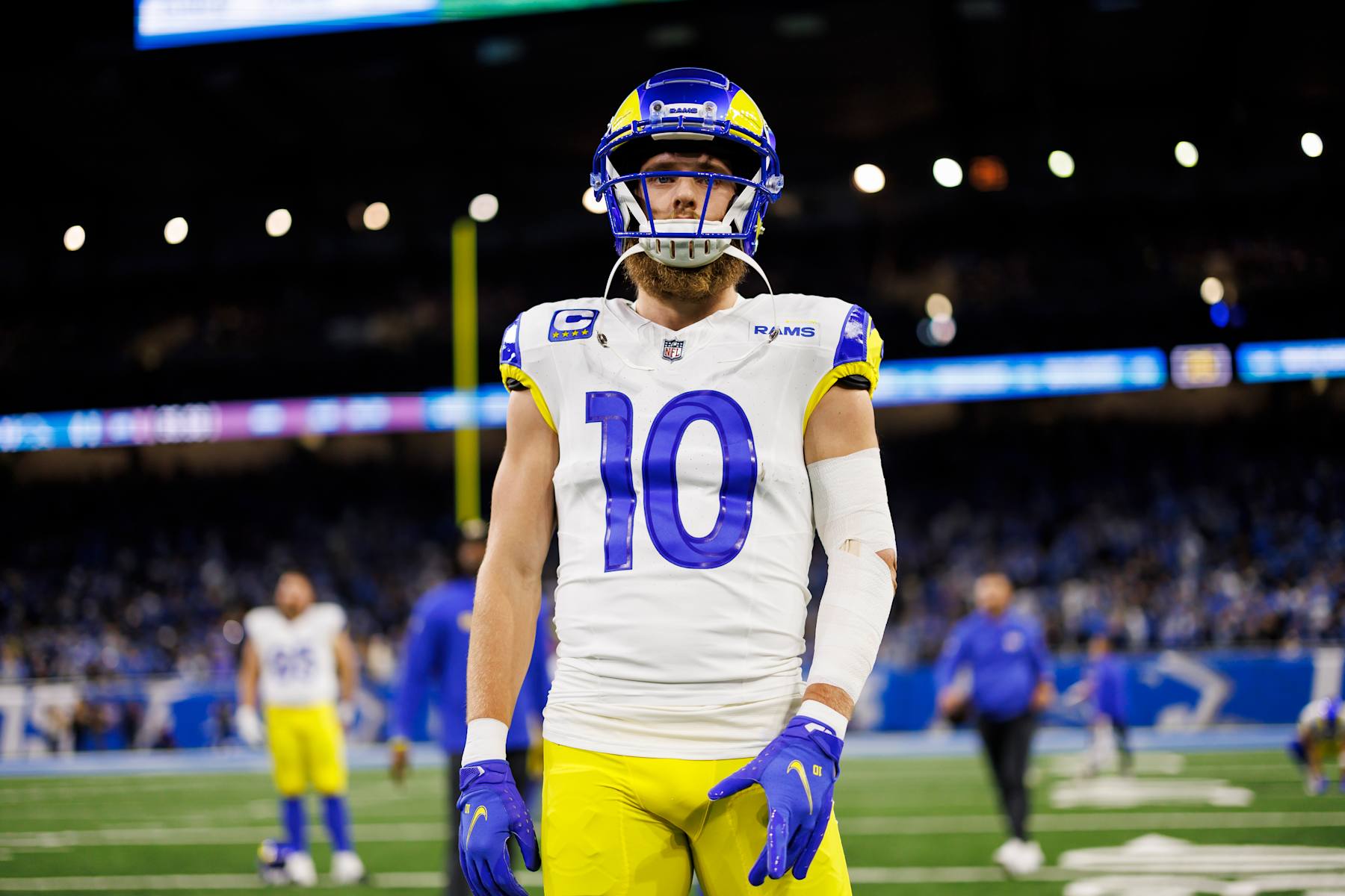 DETROIT, MICHIGAN - JANUARY 14: Cooper Kupp #10 of the Los Angeles Rams looks on during pregame warmups prior to an NFC Wild Card Playoff football game against the Detroit Lions at Ford Field on January 14, 2024 in Detroit, Michigan. (Photo by Ryan Kang/Getty Images)