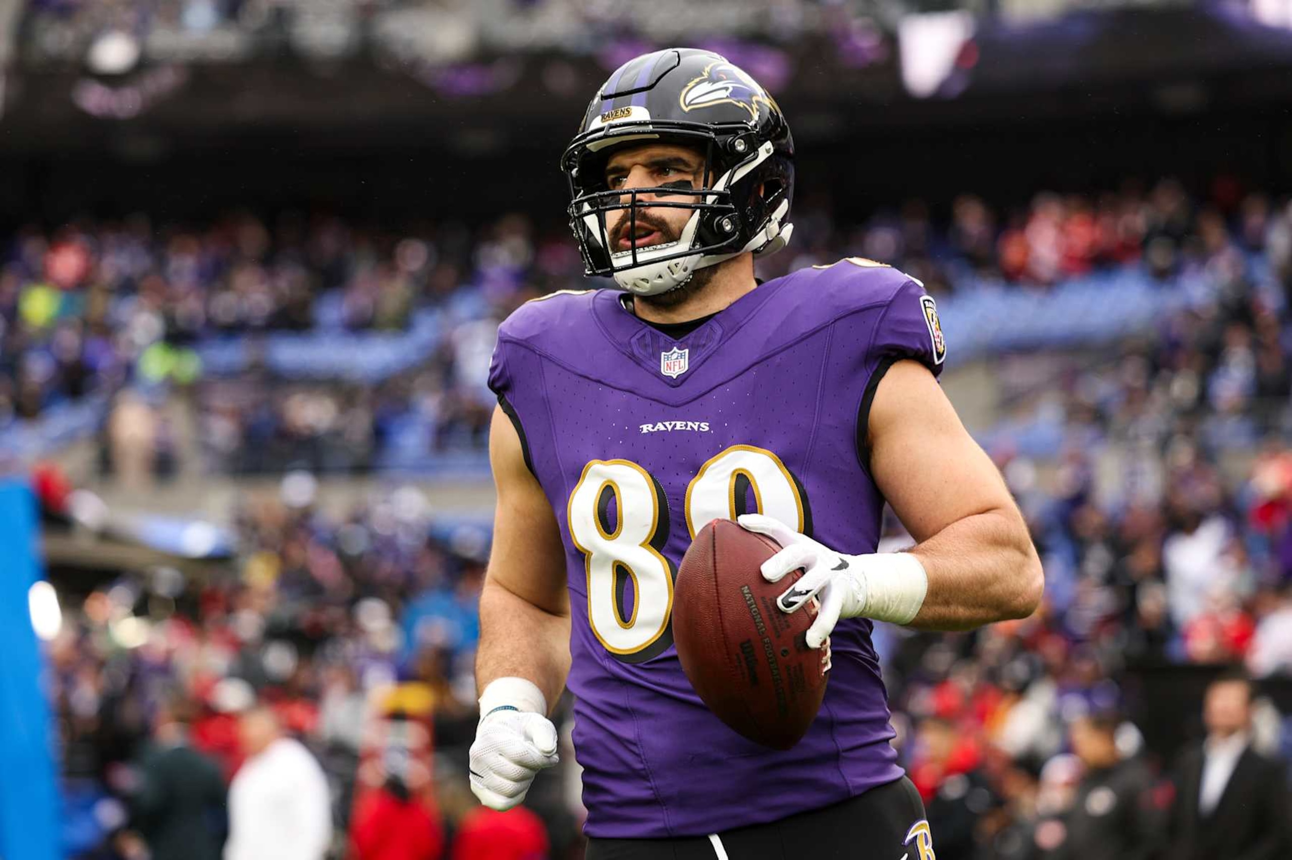 BALTIMORE, MD - JANUARY 28: Mark Andrews #89 of the Baltimore Ravens warms up prior to the AFC Championship NFL football game against the Kansas City Chiefs at M&T Bank Stadium on January 28, 2024 in Baltimore, Maryland. (Photo by Perry Knotts/Getty Images)
