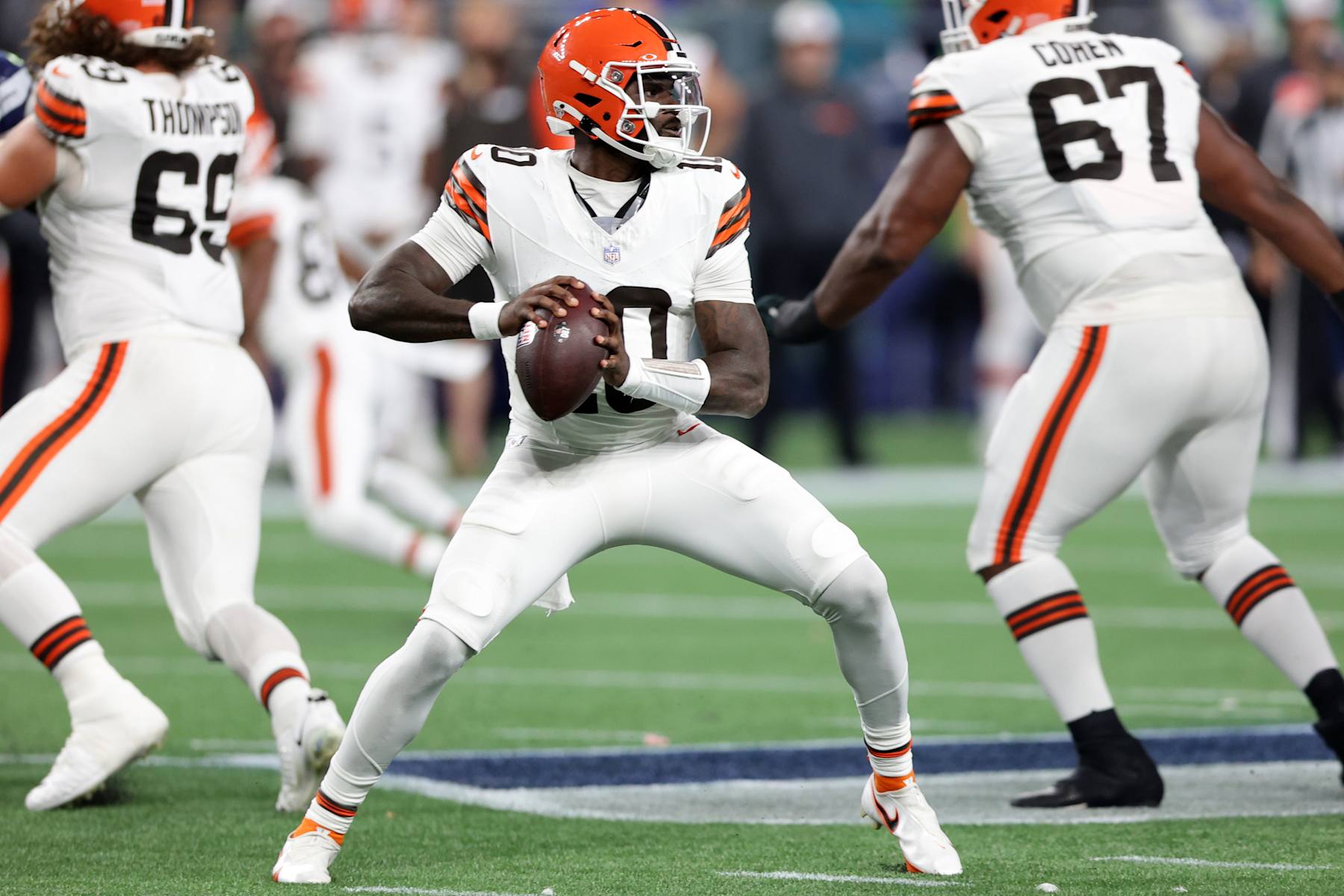 SEATTLE, WASHINGTON - AUGUST 24: Quarterback  Tyler Huntley #10 of the Cleveland Browns sets during an NFL preseason game against the Seattle Seahawks at Lumen Field on August 24, 2024 in Seattle, Washington. (Photo by Rio Giancarlo/Getty Images)