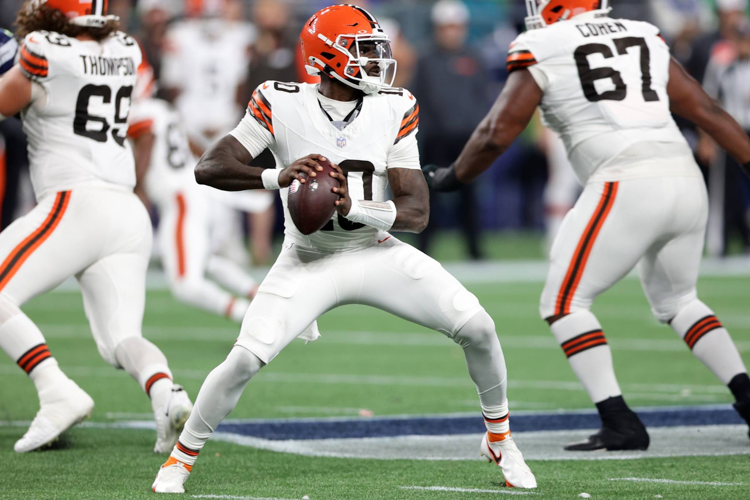 SEATTLE, WASHINGTON - AUGUST 24: Quarterback  Tyler Huntley #10 of the Cleveland Browns sets during an NFL preseason game against the Seattle Seahawks at Lumen Field on August 24, 2024 in Seattle, Washington. (Photo by Rio Giancarlo/Getty Images)