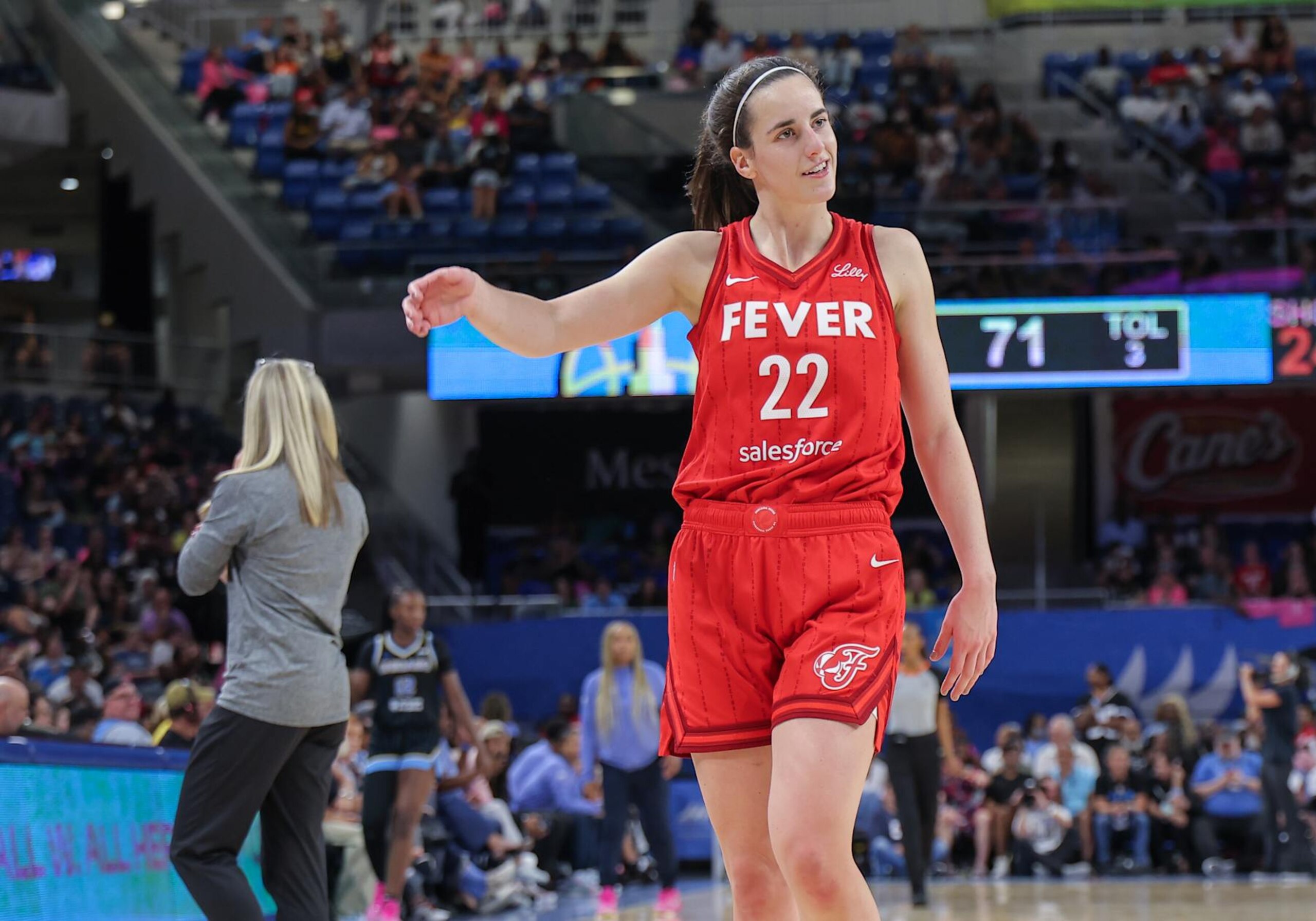 CHICAGO, IL - AUGUST 30: Caitlin Clark #22 of the Indiana Fever walks towards the bench during the second half of a WNBA game against the Chicago Sky on August 30, 2024 at Wintrust Arena in Chicago, Illinois. (Photo by Melissa Tamez/Icon Sportswire via Getty Images)