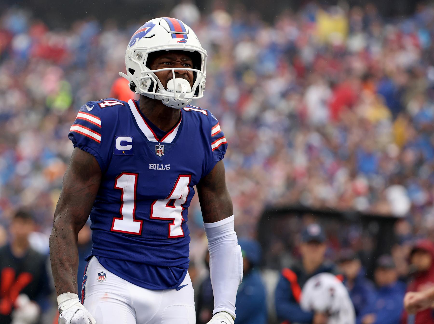 ORCHARD PARK, NY - OCTOBER 03: Stefon Diggs #14 of the Buffalo Bills reacts after making a catch against the Houston Texans at Highmark Stadium on October 3, 2021 in Orchard Park, New York. (Photo by Timothy T Ludwig/Getty Images)