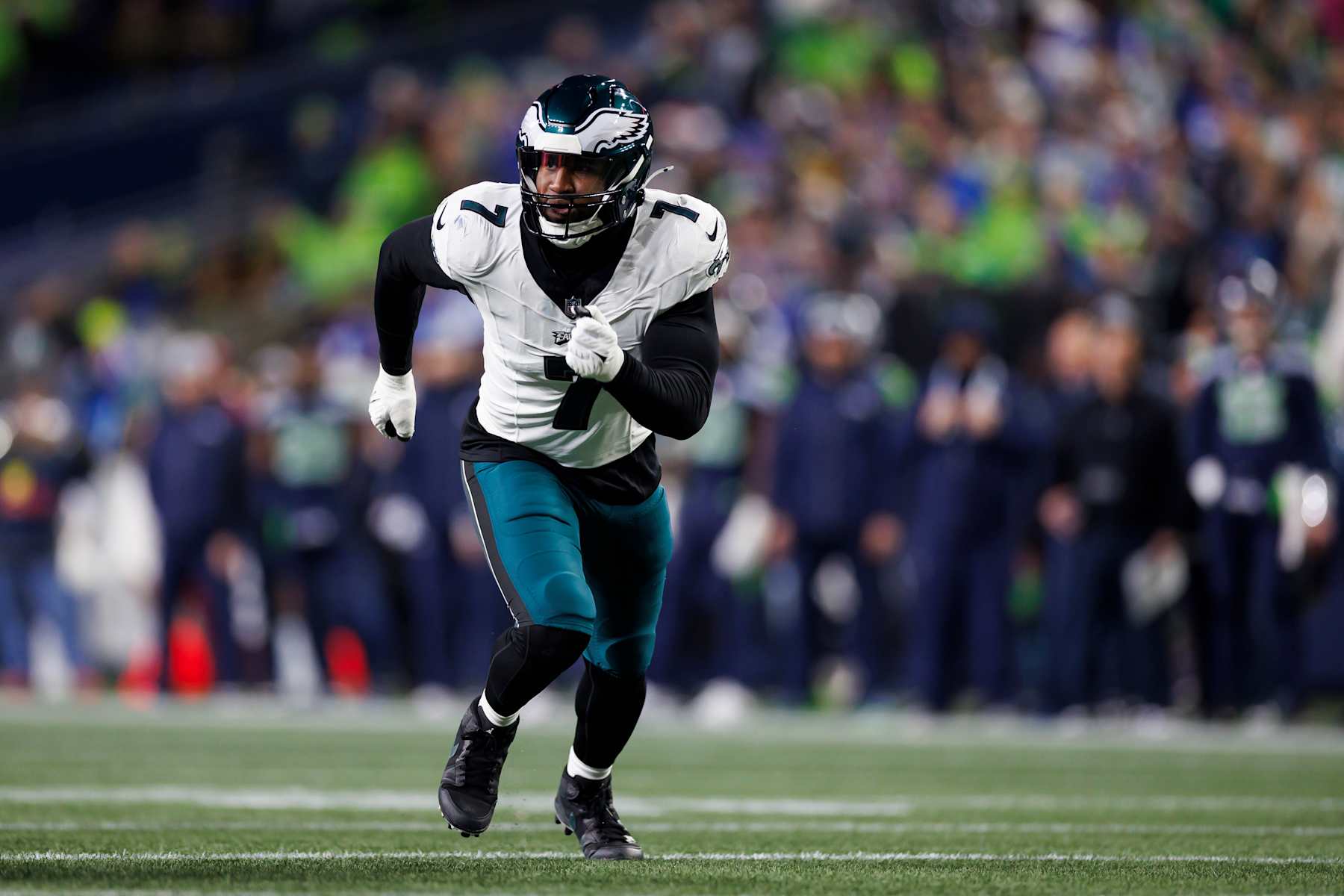 SEATTLE, WASHINGTON - DECEMBER 18: Haason Reddick #7 of the Philadelphia Eagles runs around the edge against the Seattle Seahawks at Lumen Field on December 18, 2023 in Seattle, Washington. (Photo by Ryan Kang/Getty Images)