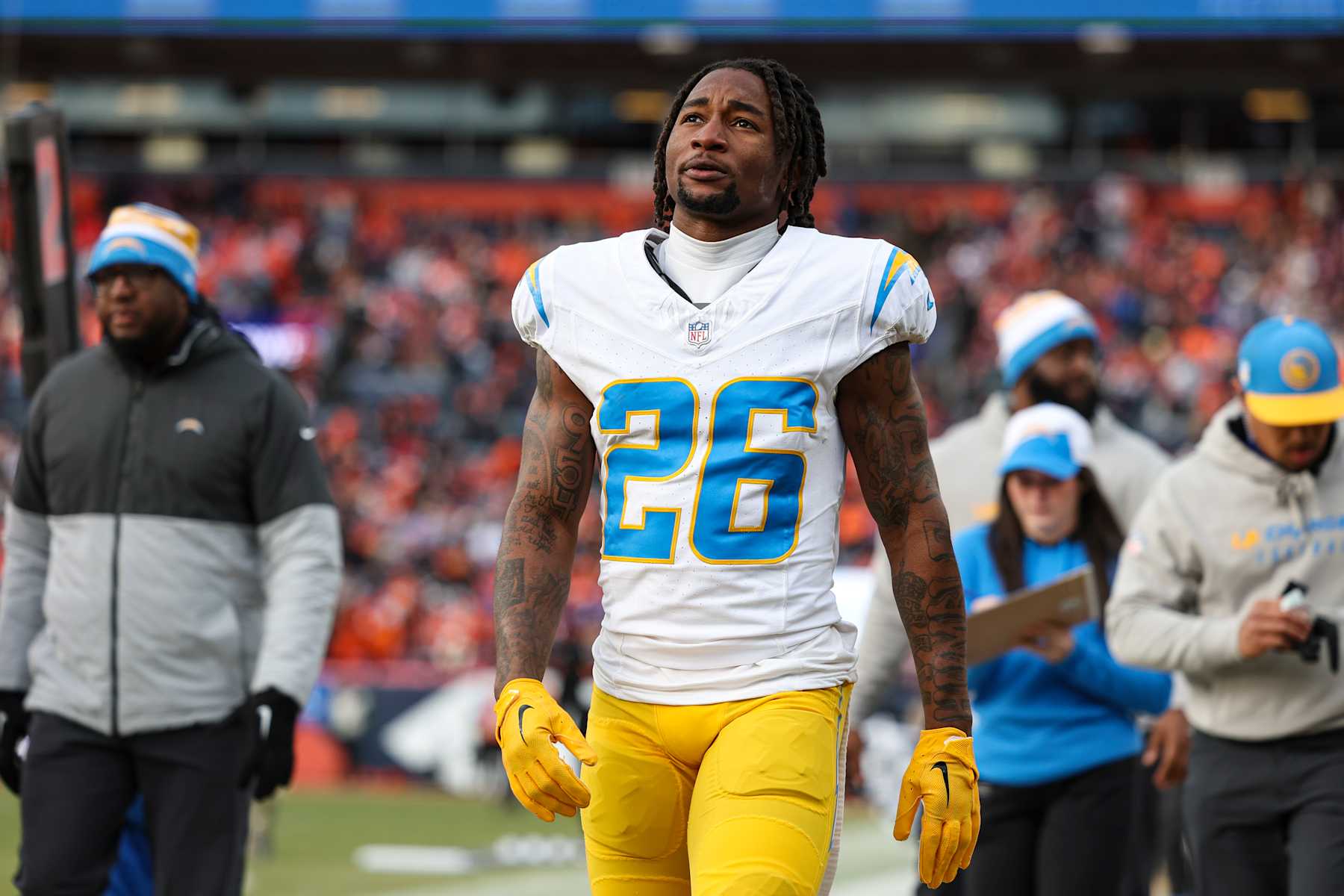 DENVER, CO - DECEMBER 31: Asante Samuel Jr. #26 of the Los Angeles Chargers walks off of the field during an NFL football game against the Denver Broncos at Empower Field at Mile High on December 31, 2023 in Denver, Colorado. (Photo by Perry Knotts/Getty Images)