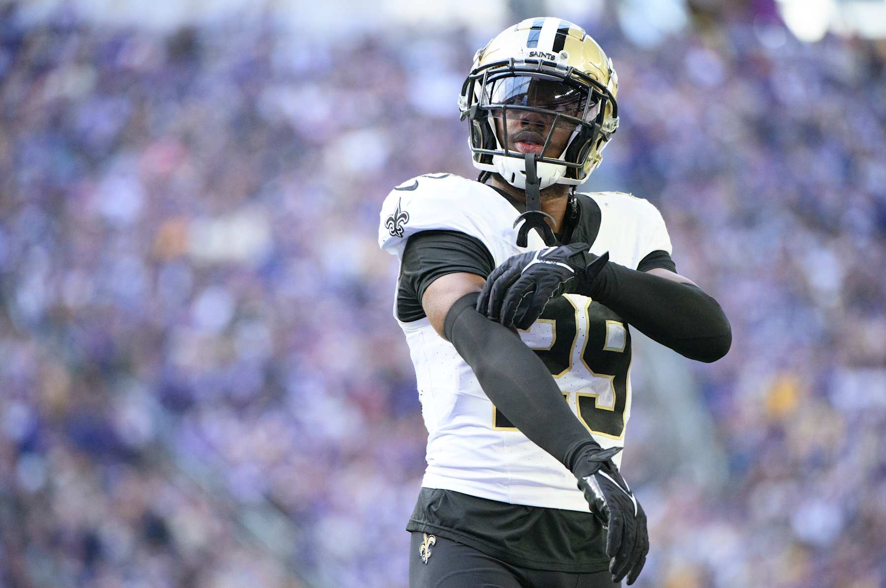 MINNEAPOLIS, MINNESOTA - NOVEMBER 12: Paulson Adebo #29 of the New Orleans Saints lines up for a play in the second quarter of the game against the Minnesota Vikings at U.S. Bank Stadium on November 12, 2023 in Minneapolis, Minnesota. (Photo by Stephen Maturen/Getty Images)