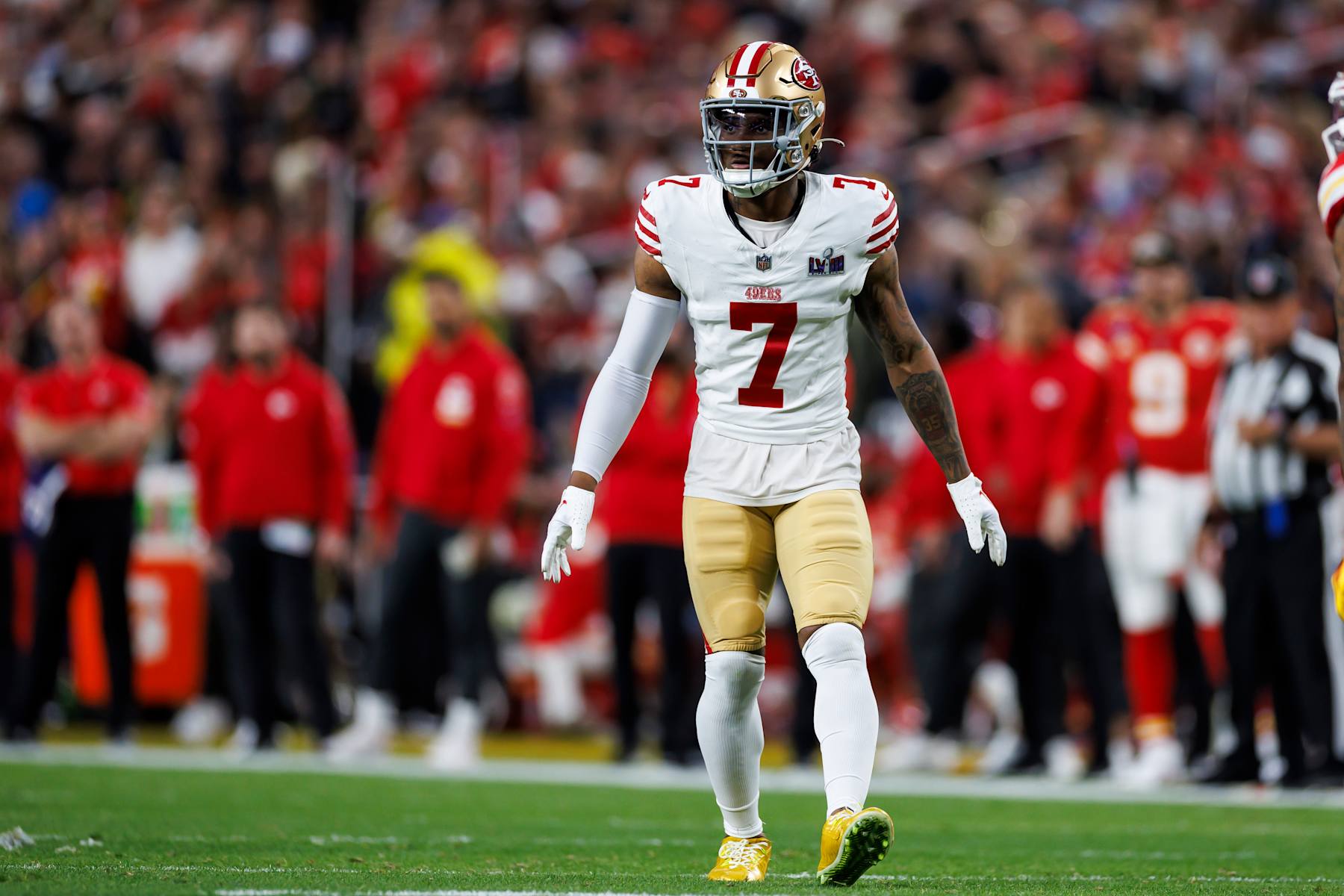 LAS VEGAS, NEVADA - FEBRUARY 11: Charvarius Ward #7 of the San Francisco 49ers defends in coverage during Super Bowl LVIII against the Kansas City Chiefs at Allegiant Stadium on February 11, 2024 in Las Vegas, Nevada. (Photo by Ryan Kang/Getty Images)