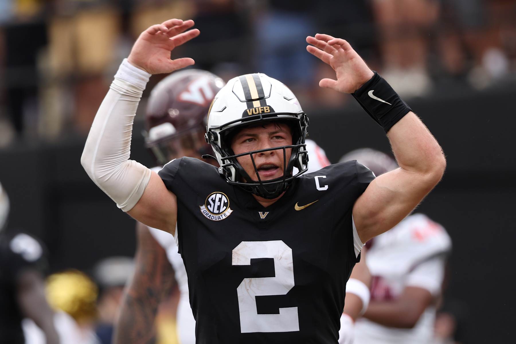 NASHVILLE, TENNESSEE - AUGUST 31: Diego Pavia #2 of the Vanderbilt Commodores celebrates during the first half of the game against the Virginia Tech Hokies at FirstBank Stadium on August 31, 2024 in Nashville, Tennessee. (Photo by Johnnie Izquierdo/Getty Images)