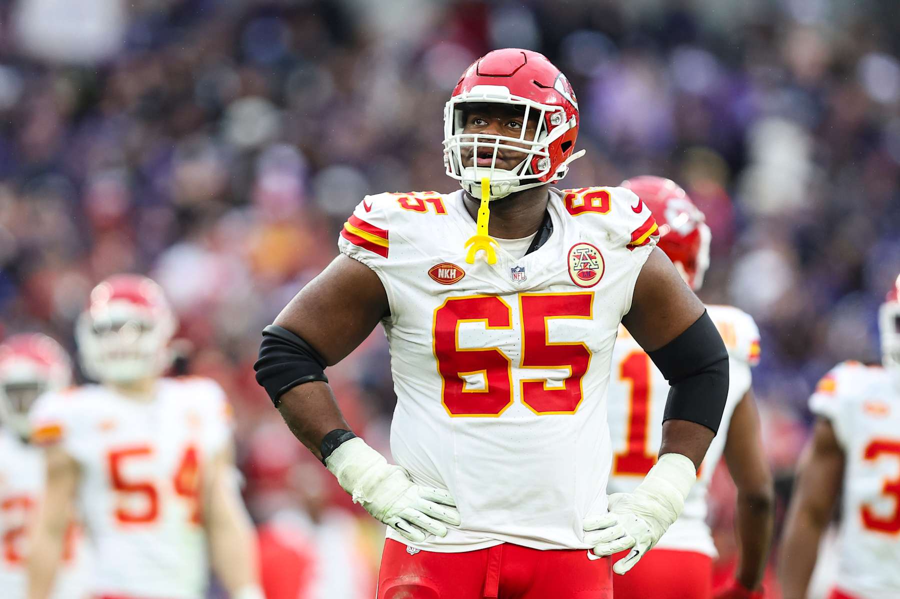 BALTIMORE, MD - JANUARY 28: Trey Smith #65 of the Kansas City Chiefs looks on from the field during the AFC Championship NFL football game against the Baltimore Ravens at M&T Bank Stadium on January 28, 2024 in Baltimore, Maryland. (Photo by Perry Knotts/Getty Images)