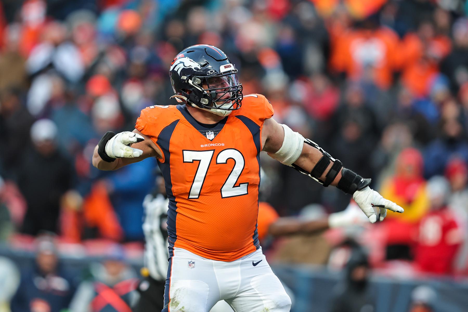 DENVER, COLORADO - OCTOBER 29: Garett Bolles #72 of the Denver Broncos reacts during an NFL football game between the Denver Broncos and the Kansas City Chiefs at Empower Field At Mile High on October 29, 2023 in Denver, Colorado. (Photo by Michael Owens/Getty Images)