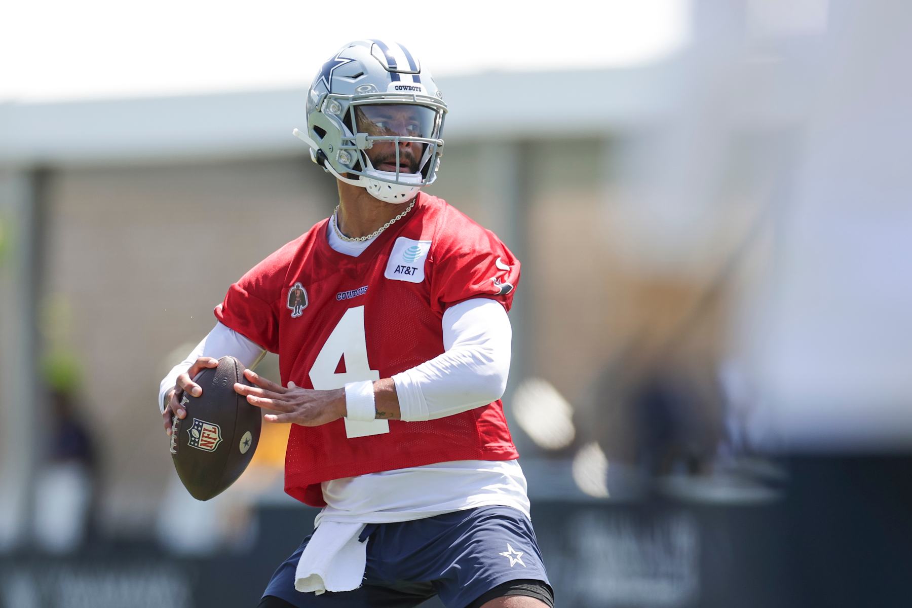 OXNARD, CA - JULY 25: Dallas Cowboys quarterback Dak Prescott (4) takes part in a drill during the team's training camp at River Ridge Playing Fields on July 25, 2024 in Oxnard, CA. (Photo by Brandon Sloter/Icon Sportswire via Getty Images)