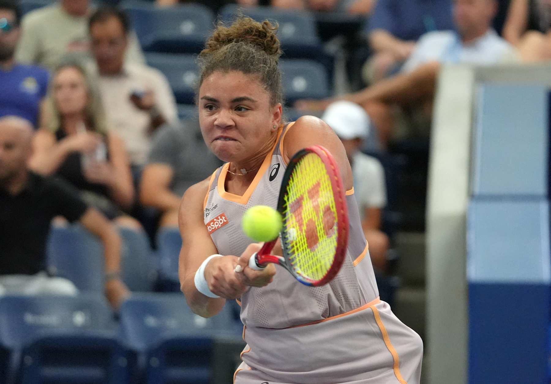 Italy's Jasmine Paolini hits a return to Kazakhstan's Yulia Putintseva during their women's singles third round match on day six of the US Open tennis tournament at the USTA Billie Jean King National Tennis Center in New York City, on August 31, 2024. (Photo by TIMOTHY A. CLARY / AFP) (Photo by TIMOTHY A. CLARY/AFP via Getty Images)