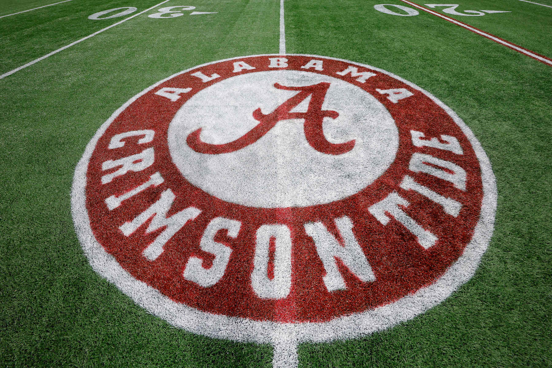 ATLANTA, GEORGIA - DECEMBER 2: A general view of an Alabama logo painted on the field prior to the SEC Championship game between the Alabama Crimson Tide and the Georgia Bulldogs at Mercedes-Benz Stadium on December 2, 2023 in Atlanta, Georgia. (Photo by Todd Kirkland/Getty Images)