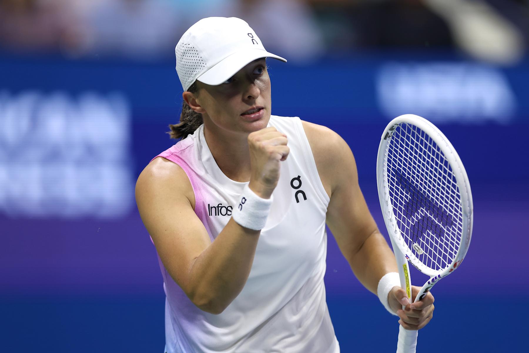 NEW YORK, NEW YORK - AUGUST 31: Iga Swiatek of Poland reacts after a point against Anastasia Pavlyuchenkova of Russia during their Women's Singles Third Round match on Day Six of the 2024 US Open at USTA Billie Jean King National Tennis Center on August 31, 2024 in the Flushing neighborhood of the Queens borough of New York City. (Photo by Luke Hales/Getty Images)
