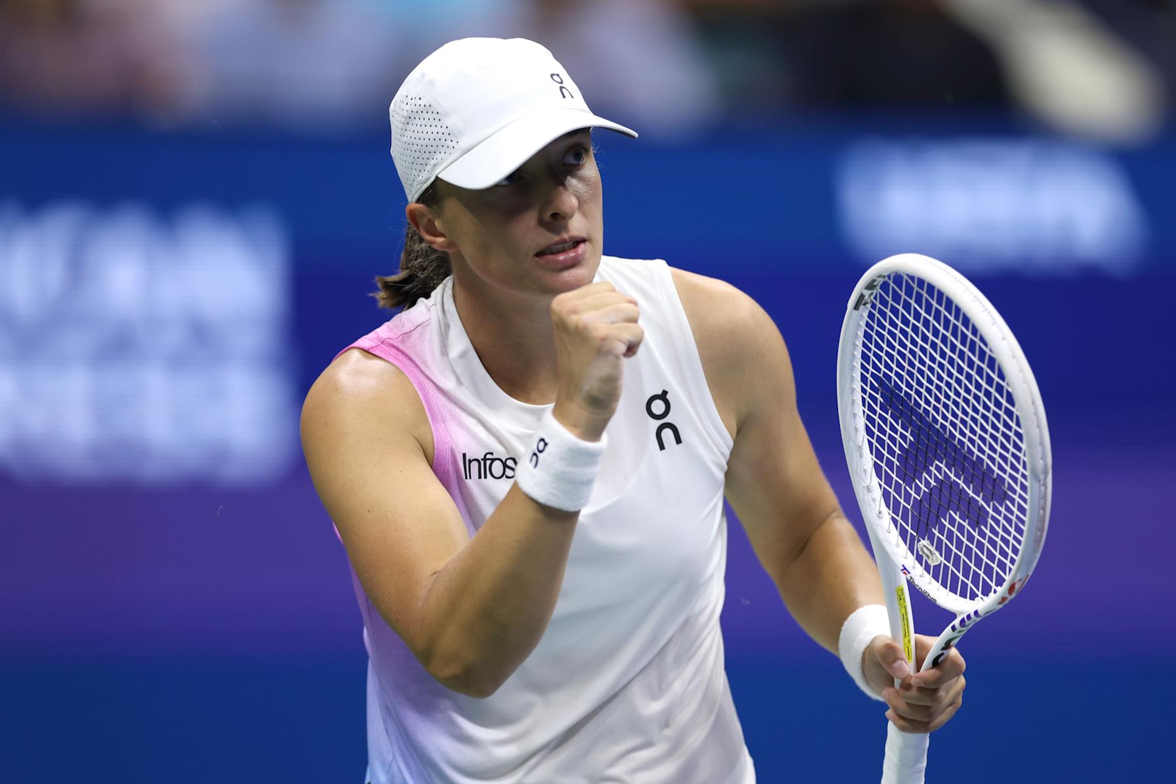 NEW YORK, NEW YORK - AUGUST 31: Iga Swiatek of Poland reacts after a point against Anastasia Pavlyuchenkova of Russia during their Women's Singles Third Round match on Day Six of the 2024 US Open at USTA Billie Jean King National Tennis Center on August 31, 2024 in the Flushing neighborhood of the Queens borough of New York City. (Photo by Luke Hales/Getty Images)