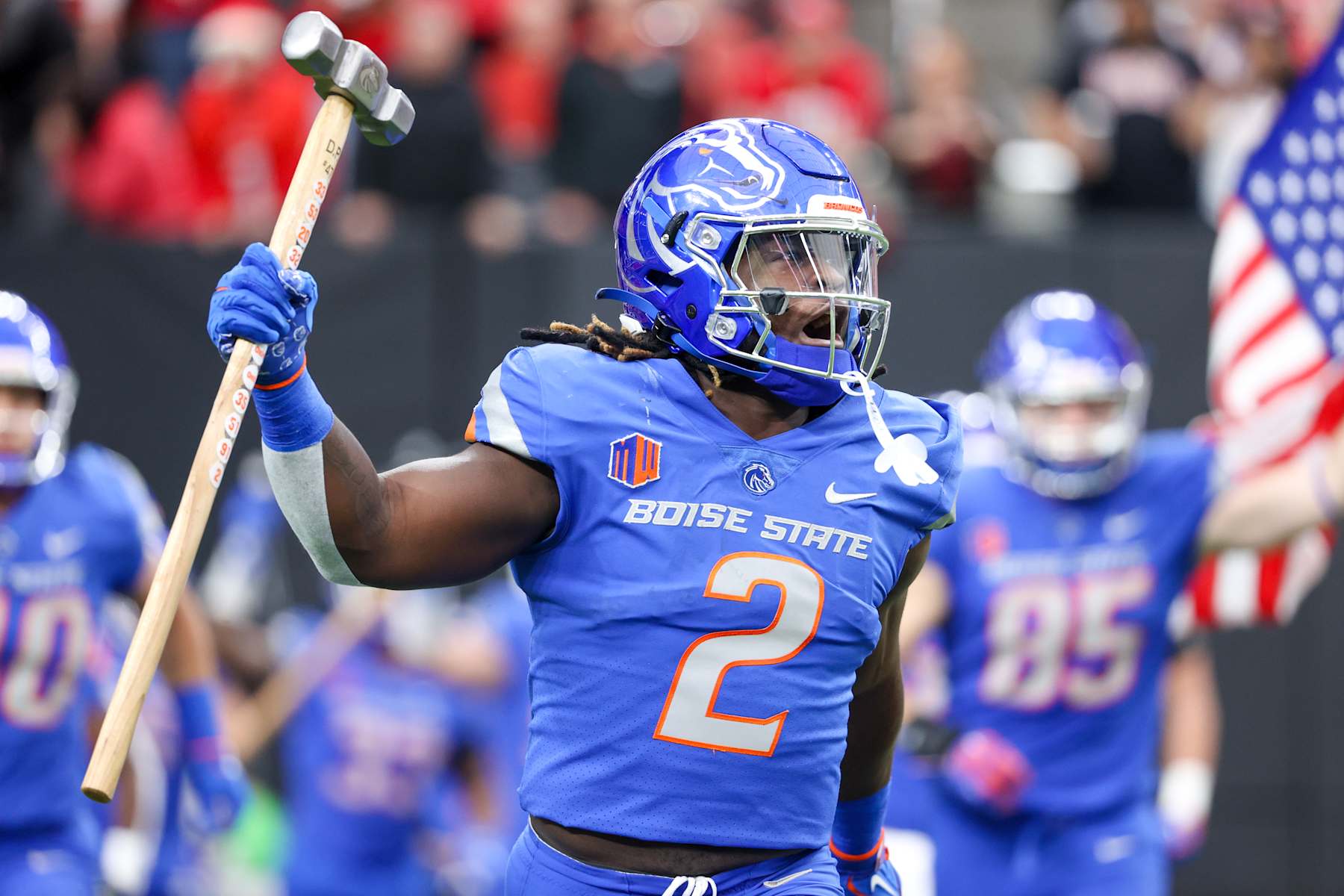 LAS VEGAS, NEVADA - DECEMBER 02: Ashton Jeanty #2 of the Boise State Broncos runs onto the field prior to a game against the UNLV Rebels during the Mountain West Football Championship at Allegiant Stadium on December 02, 2023 in Las Vegas, Nevada. (Photo by Ian Maule/Getty Images)
