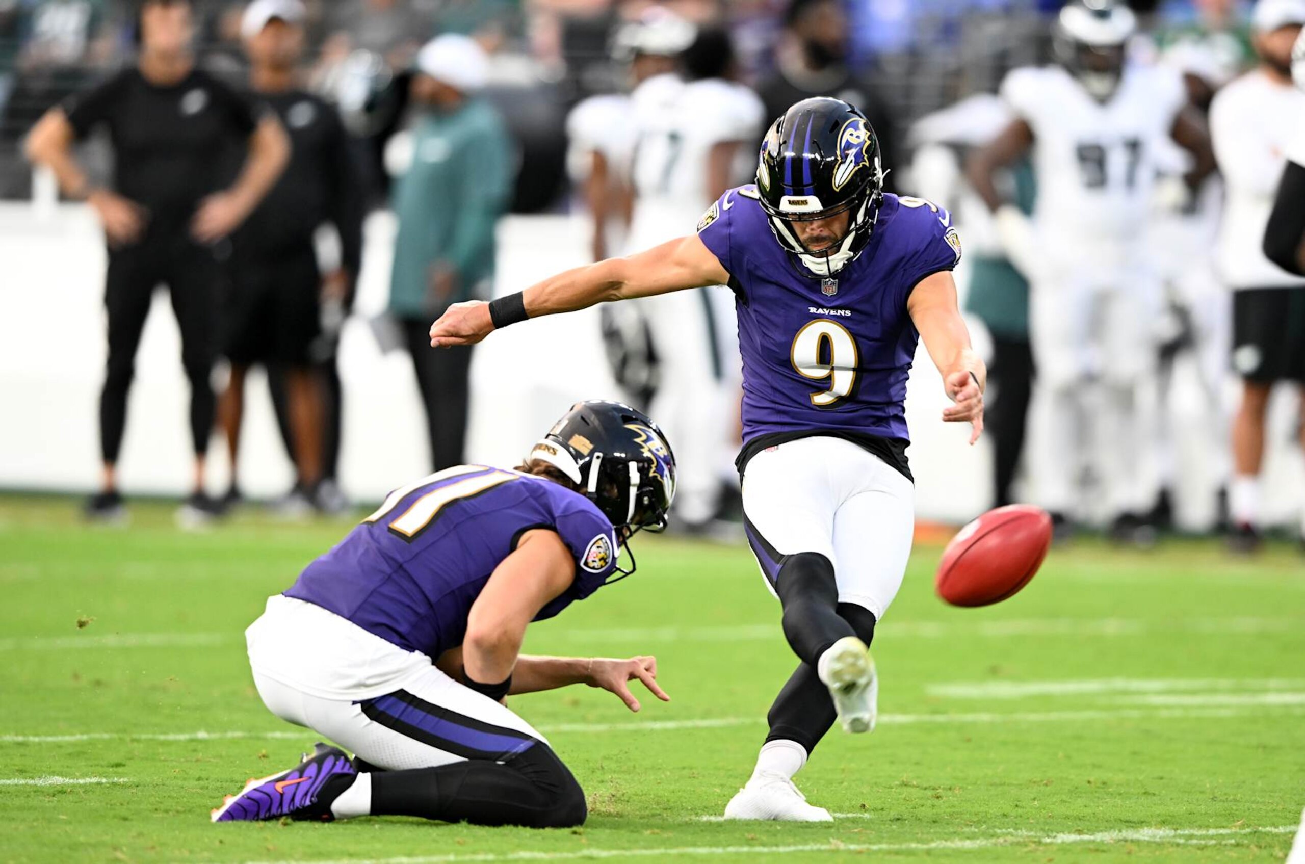 BALTIMORE, MARYLAND - AUGUST 09: Justin Tucker #9 of the Baltimore Ravens kicks a field goal in the first quarter against the Philadelphia Eagles in a preseason game at M&T Bank Stadium on August 09, 2024 in Baltimore, Maryland. (Photo by Greg Fiume/Getty Images)