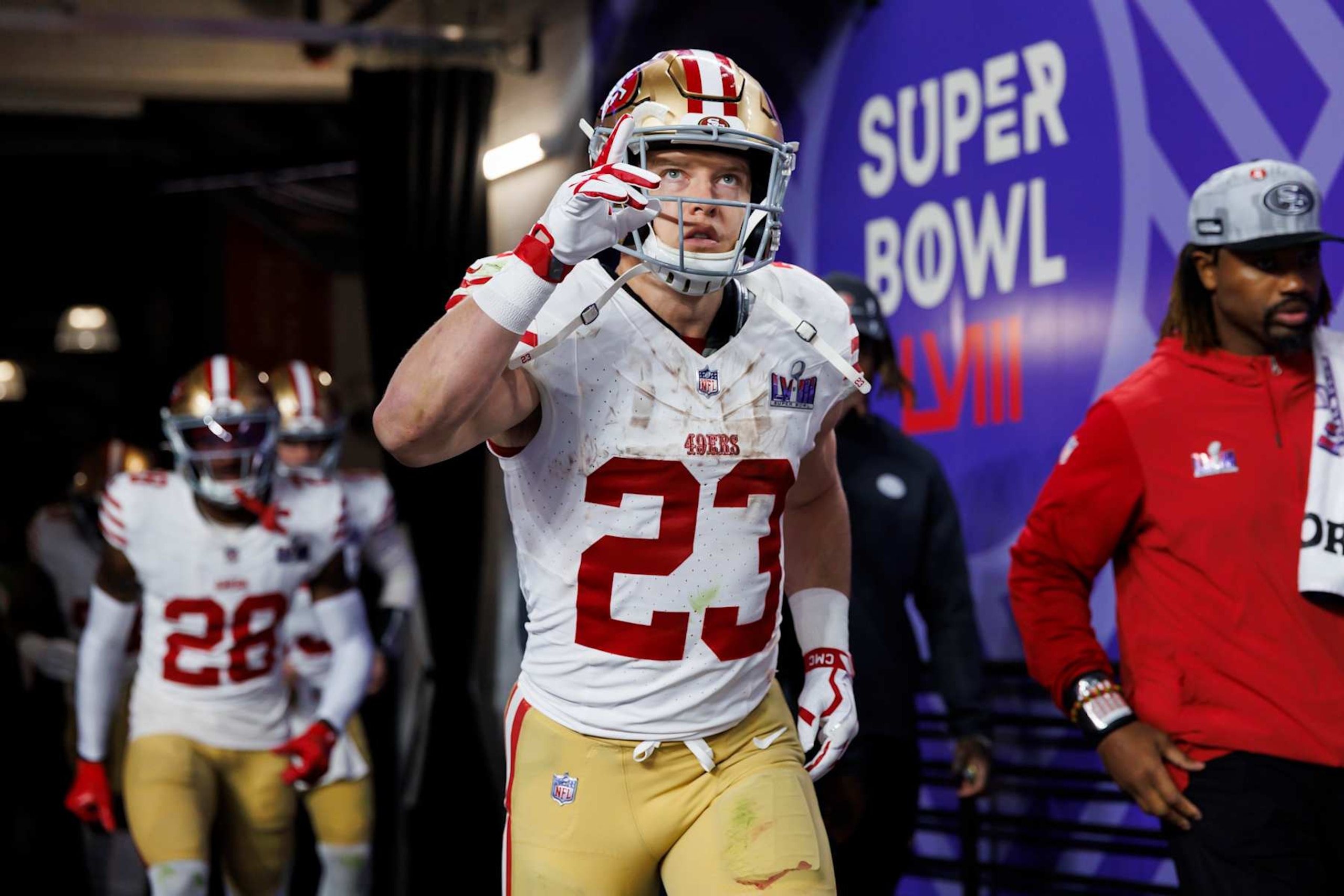 LAS VEGAS, NEVADA - FEBRUARY 11: Christian McCaffrey #23 of the San Francisco 49ers enters the field after halftime during Super Bowl LVIII against the Kansas City Chiefs at Allegiant Stadium on February 11, 2024 in Las Vegas, Nevada. (Photo by Ryan Kang/Getty Images)