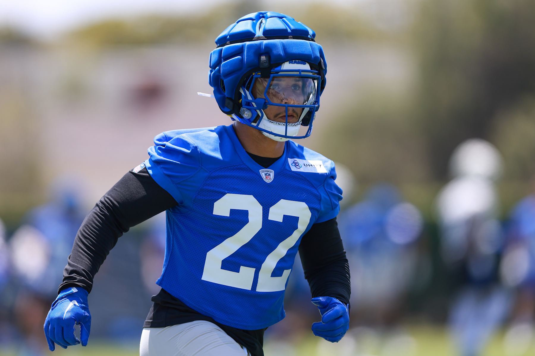 LOS ANGELES, CA - JULY 27: Los Angeles Rams running back Blake Corum (22) runs thru the drill during the Los Angeles Rams Training Camp on July 27, 2024, at Loyola Marymount University in Los Angeles, CA. (Photo by Jordon Kelly/Icon Sportswire via Getty Images)
