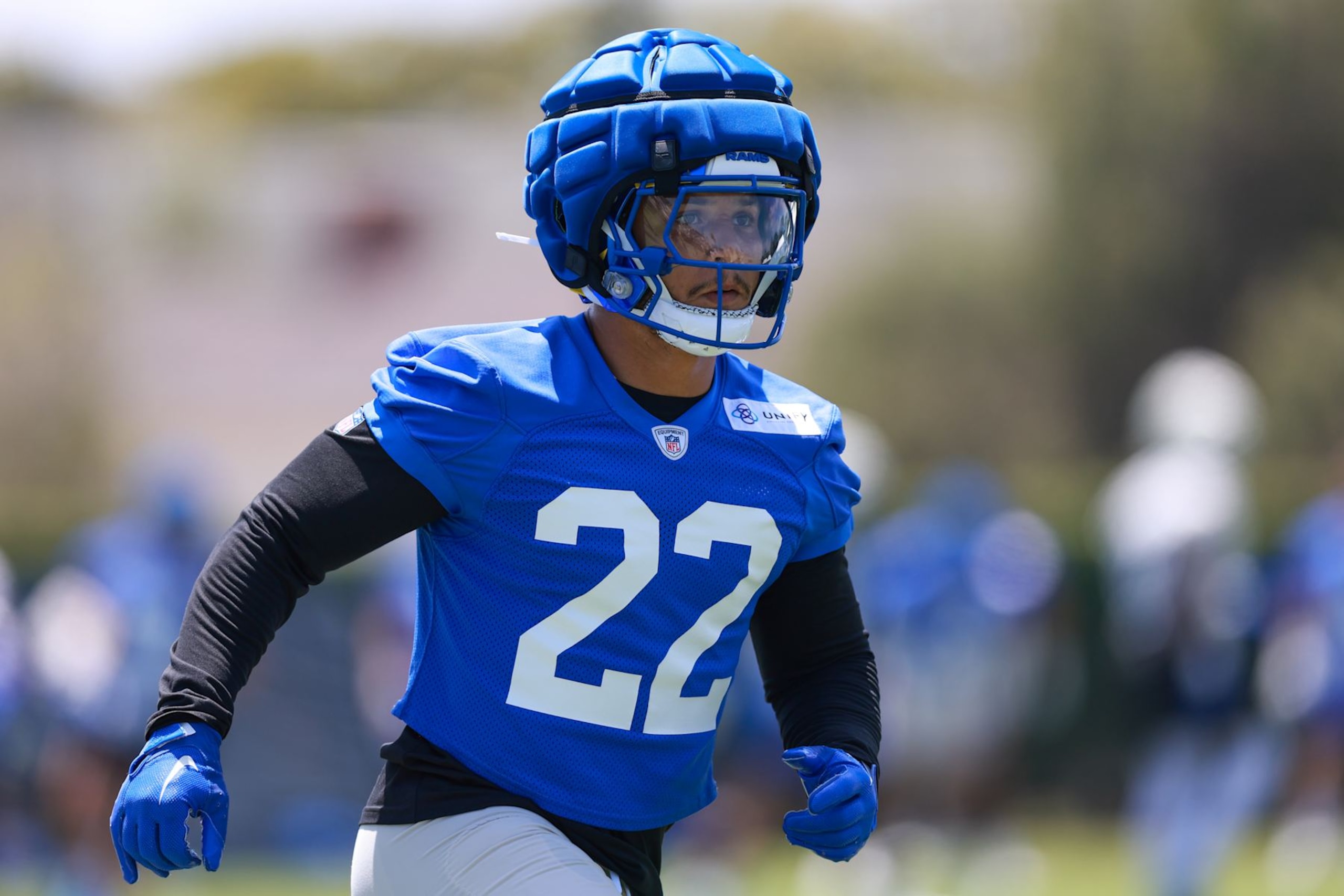 LOS ANGELES, CA - JULY 27: Los Angeles Rams running back Blake Corum (22) runs thru the drill during the Los Angeles Rams Training Camp on July 27, 2024, at Loyola Marymount University in Los Angeles, CA. (Photo by Jordon Kelly/Icon Sportswire via Getty Images)