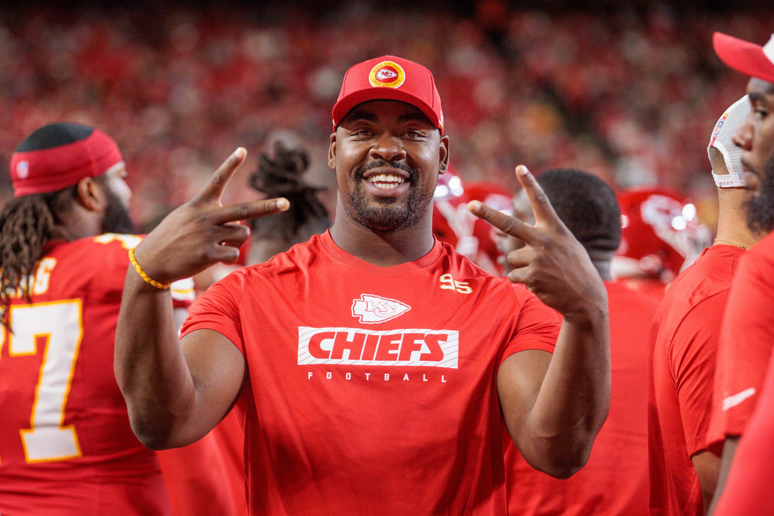 KANSAS CITY, MO - AUGUST 22: Kansas City Chiefs defensive tackle Chris Jones (95) enjoying the game from the sidelines against the Chicago Bears on August 22nd, 2024 at GEHA field Arrowhead Stadium in Kansas City, Missouri. (Photo by William Purnell/Icon Sportswire via Getty Images)