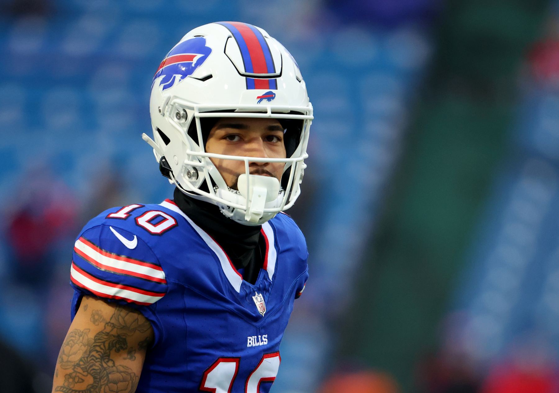 ORCHARD PARK, NEW YORK - DECEMBER 31: Khalil Shakir #10 of the Buffalo Bills looks on before a game against the New England Patriots at Highmark Stadium on December 31, 2023 in Orchard Park, New York. (Photo by Timothy T Ludwig/Getty Images)