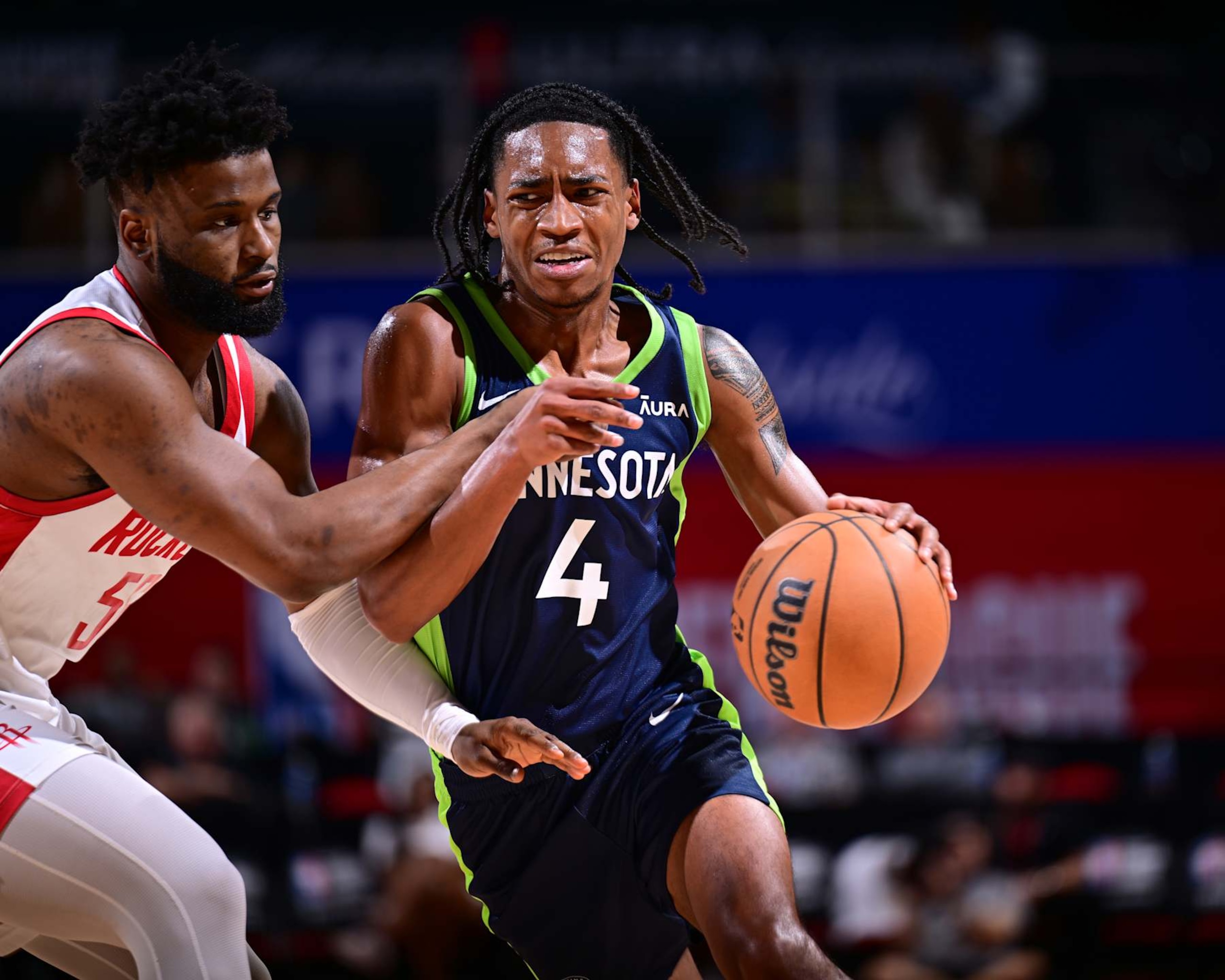 LAS VEGAS, NV - JULY 18:  Rob Dillingham #4 of the Minnesota Timberwolves goes to the basket during the game on July 18, 2024 at the Thomas & Mack Center in Las Vegas, Nevada. NOTE TO USER: User expressly acknowledges and agrees that, by downloading and or using this photograph, User is consenting to the terms and conditions of the Getty Images License Agreement. Mandatory Copyright Notice: Copyright 2024 NBAE (Photo by Adam Hagy/NBAE via Getty Images)