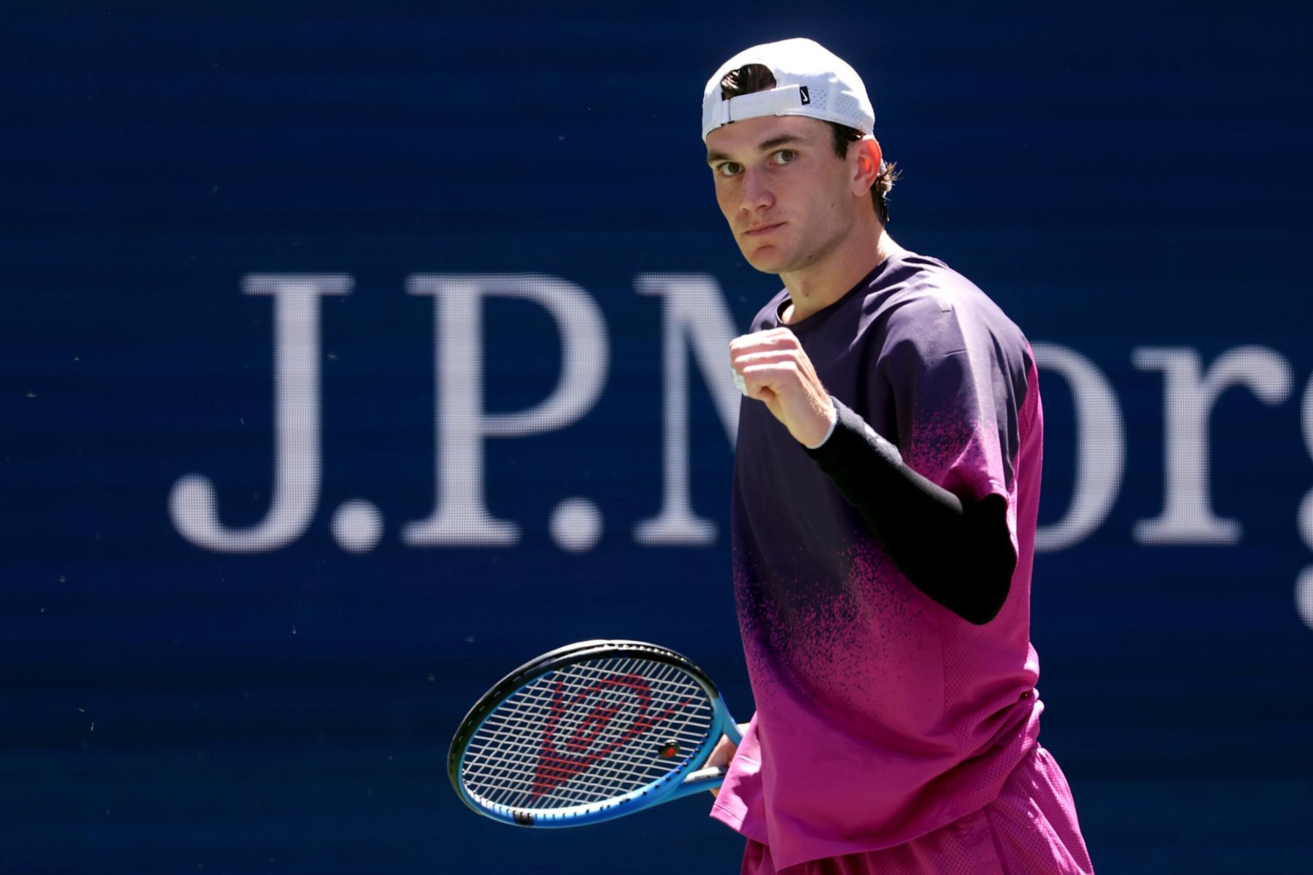 NEW YORK, NEW YORK - SEPTEMBER 02:  Jack Draper of Great Britain reactst against Tomas Machac of Czech Republic during their Men's Singles Fourth Round match on Day Eight of the 2024 US Open at USTA Billie Jean King National Tennis Center on September 02, 2024 in the Flushing neighborhood of the Queens borough of New York City. (Photo by Matthew Stockman/Getty Images)