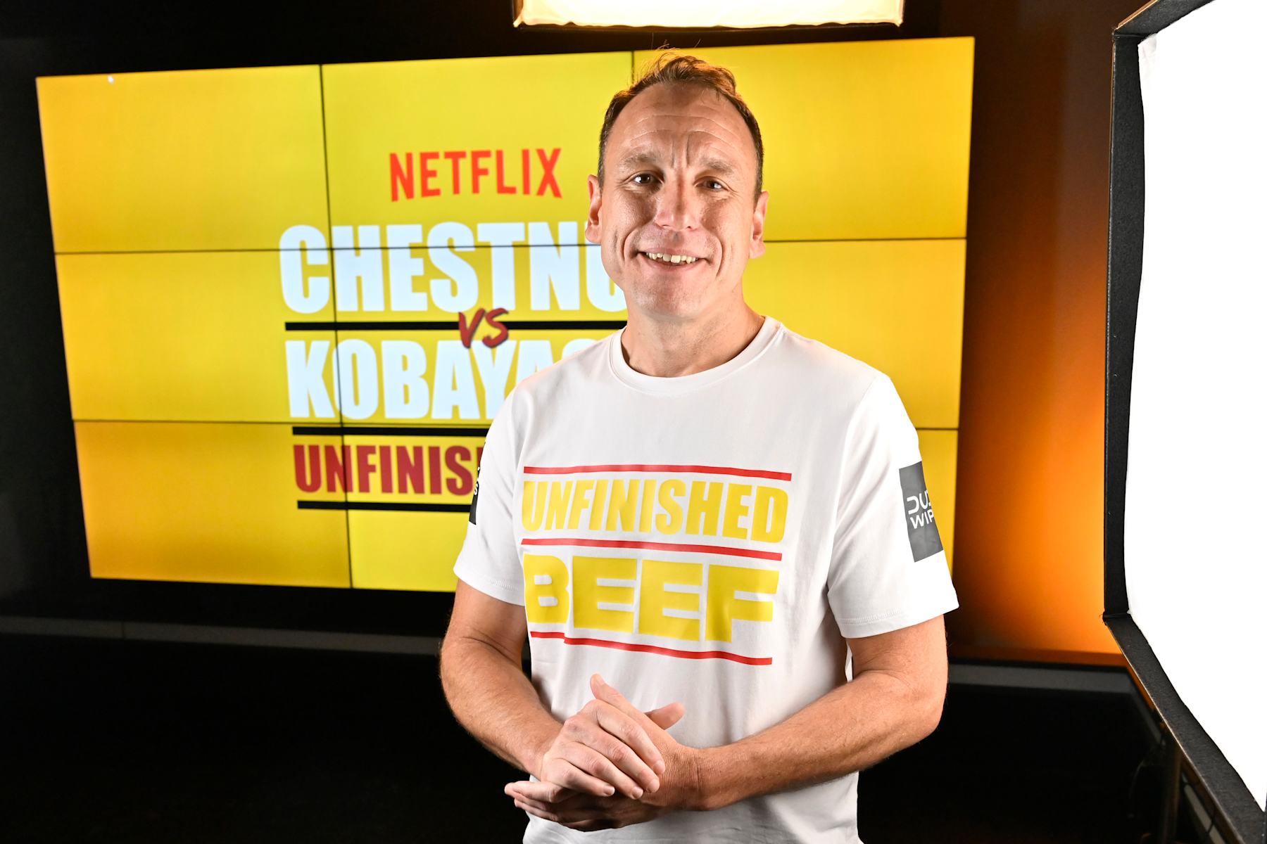 LAS VEGAS, NEVADA - SEPTEMBER 01: Joey Chestnut attends press conference for LIVE Chestnut vs. Kobayashi: Unfinished Beef at the Hyper X Arena at the Luxor on September 01, 2024 in Las Vegas, Nevada. (Photo by David Becker/Getty Images for Netflix © 2024)