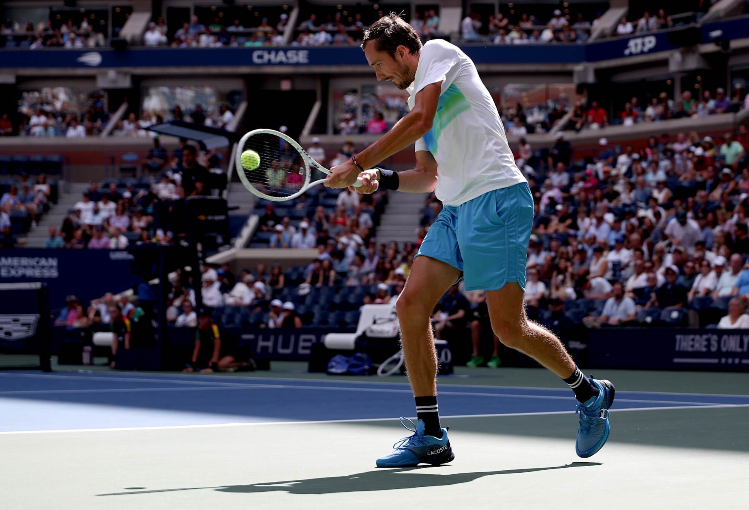 NEW YORK, NEW YORK - SEPTEMBER 02:  Daniil Medvedev of Russia returns a shot against Nuno Borges of Portugal during their Men's Singles Fourth Round match on Day Eight of the 2024 US Open at USTA Billie Jean King National Tennis Center on September 02, 2024 in the Flushing neighborhood of the Queens borough of New York City. (Photo by Al Bello/Getty Images)