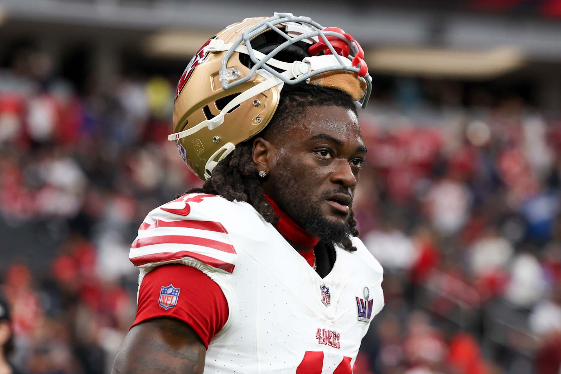 LAS VEGAS, NV - FEBRUARY 11: Brandon Aiyuk #11 of the San Francisco 49ers looks on prior to Super Bowl LVIII against the Kansas City Chiefs at Allegiant Stadium on February 11, 2024 in Las Vegas, NV. (Photo by Perry Knotts/Getty Images) LAS VEGAS, NV - FEBRUARY 11: Brandon Aiyuk #11 of the San Francisco 49ers looks on prior to Super Bowl LVIII against the Kansas City Chiefs at Allegiant Stadium on February 11, 2024 in Las Vegas, NV. (Photo by Perry Knotts/Getty Images)