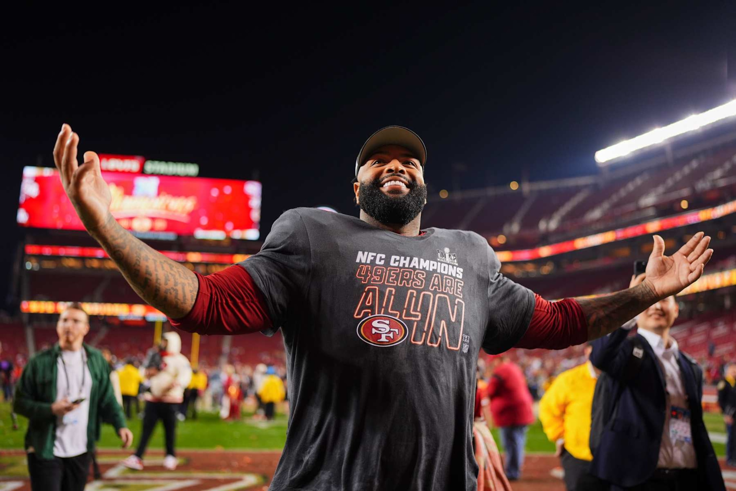 SANTA CLARA, CA - JANUARY 28: Trent Williams #71 of the San Francisco 49ers celebrates after defeating the Detroit Lions during the NFC Championship football game at Levi's Stadium on January 28, 2024 in Santa Clara, California. (Photo by Cooper Neill/Getty Images)