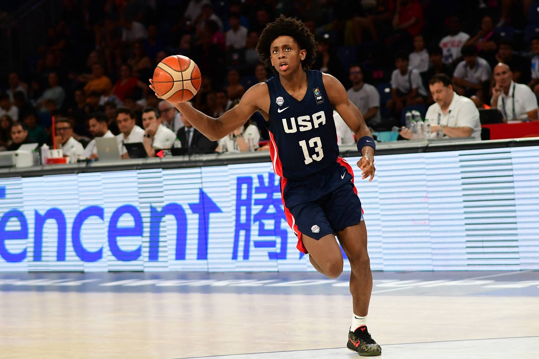 Brandon McCoy, #13 of the United States of America (USA) in action during the FIBA U17 Basketball World Cup - Turkiye 2024 Semi-final match between New Zealand and the United States of America (USA) at Sinan Erdem Dome in Istanbul, Turkey on July 6, 2024. (Photo by Altan Gocher / Hans Lucas / Hans Lucas via AFP) (Photo by ALTAN GOCHER/Hans Lucas/AFP via Getty Images)