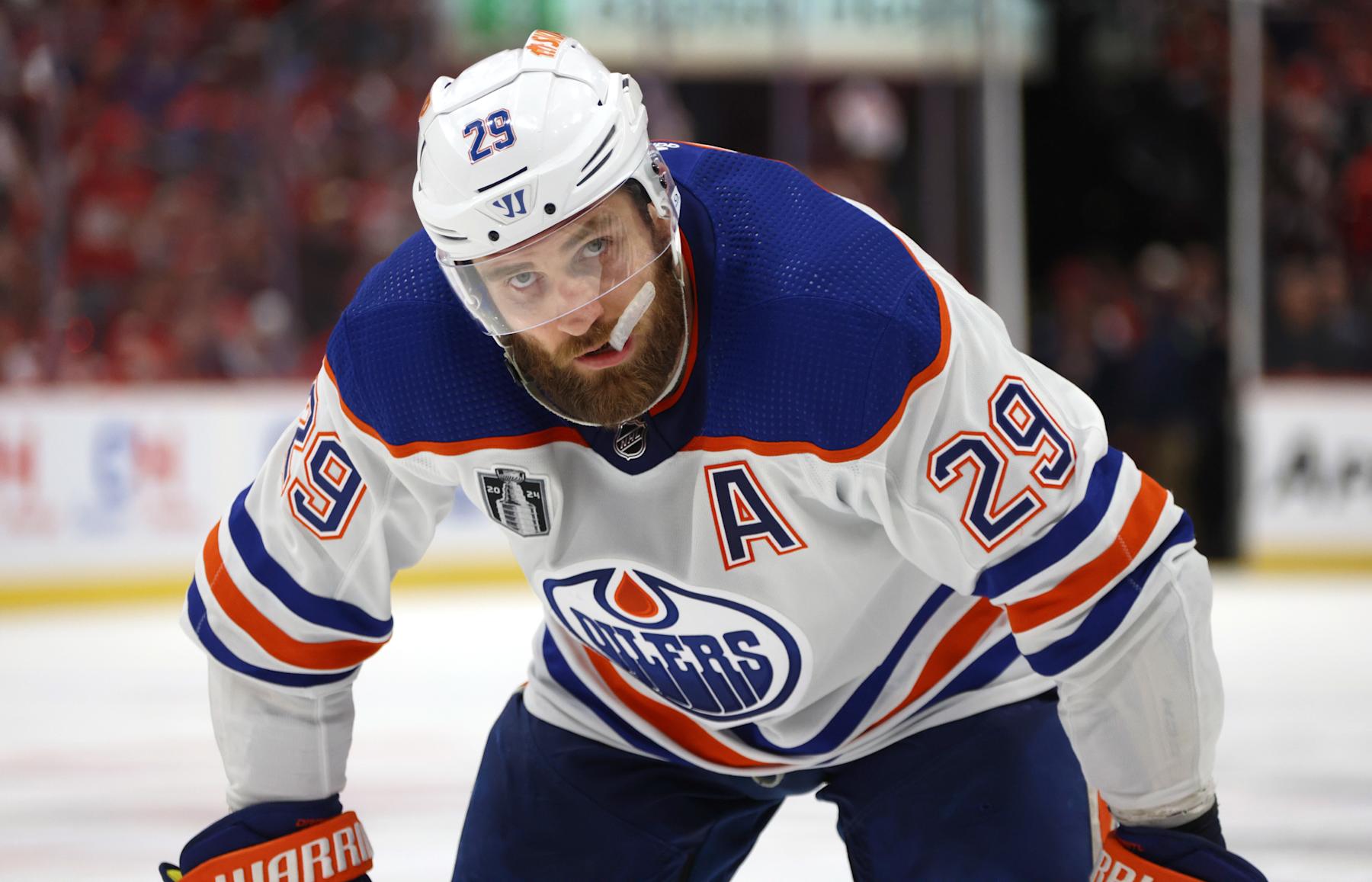 SUNRISE, FLORIDA - JUNE 24: Leon Draisaitl #29 of the Edmonton Oilers looks on during the third period of Game Seven of the 2024 Stanley Cup Final between the Edmonton Oilers and the Florida Panthers at Amerant Bank Arena on June 24, 2024 in Sunrise, Florida. (Photo by Dave Sandford/NHLI via Getty Images)