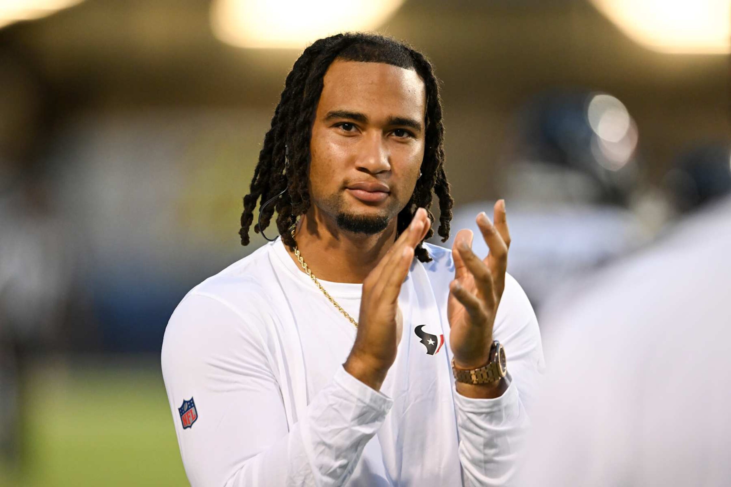 CANTON, OHIO - AUGUST 01: C.J. Stroud #7 of the Houston Texans looks on during the first half of the 2024 Pro Football Hall of Fame Game against the Chicago Bears at Tom Benson Hall Of Fame Stadium on August 01, 2024 in Canton, Ohio. (Photo by Nick Cammett/Diamond Images via Getty Images)