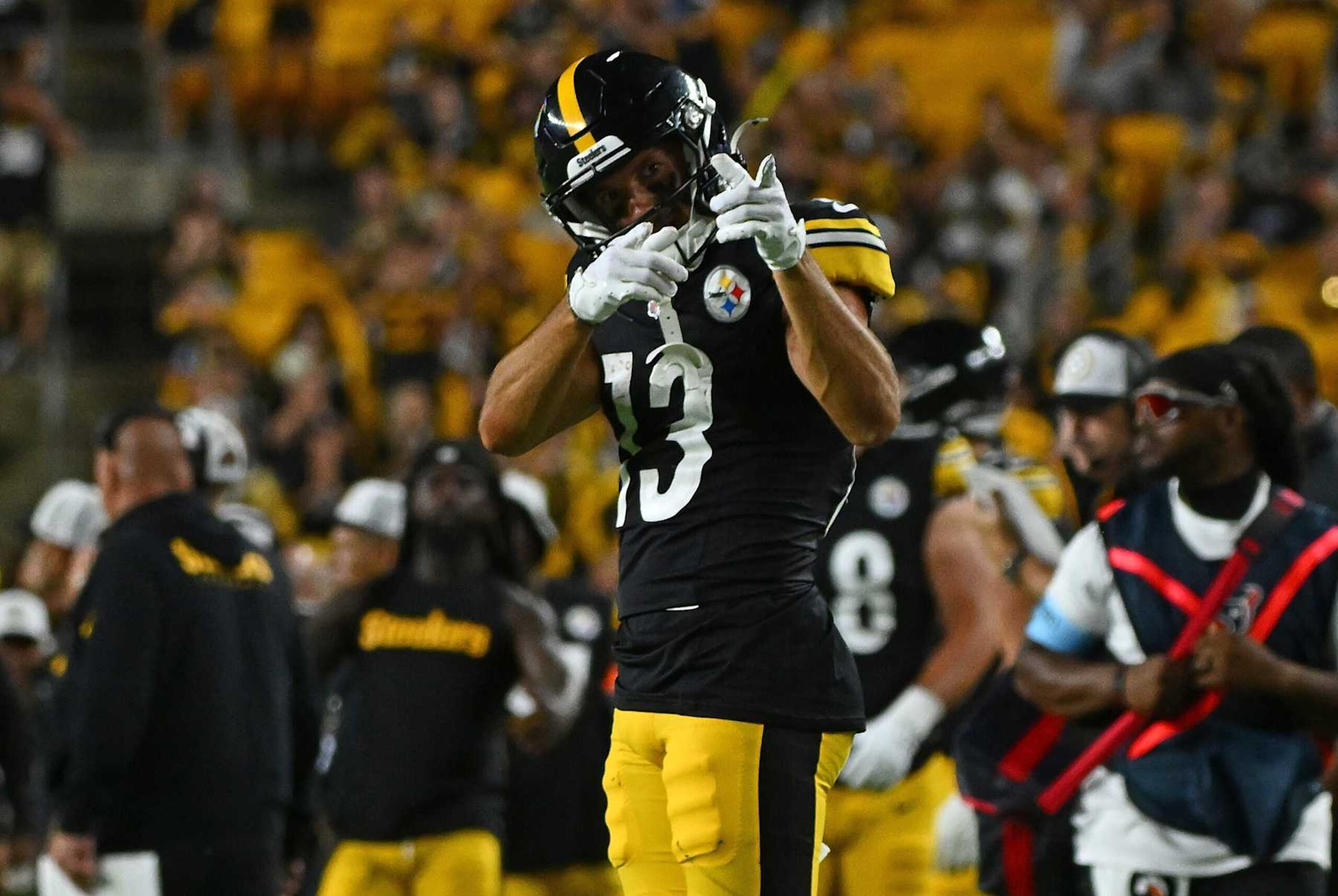 PITTSBURGH, PENNSYLVANIA - AUGUST 09: Scotty Miller #13 of the Pittsburgh Steelers reacts after a catch in the second half during the preseason game against the Houston Texans at Acrisure Stadium on August 9, 2024 in Pittsburgh, Pennsylvania. (Photo by Justin Berl/Getty Images)