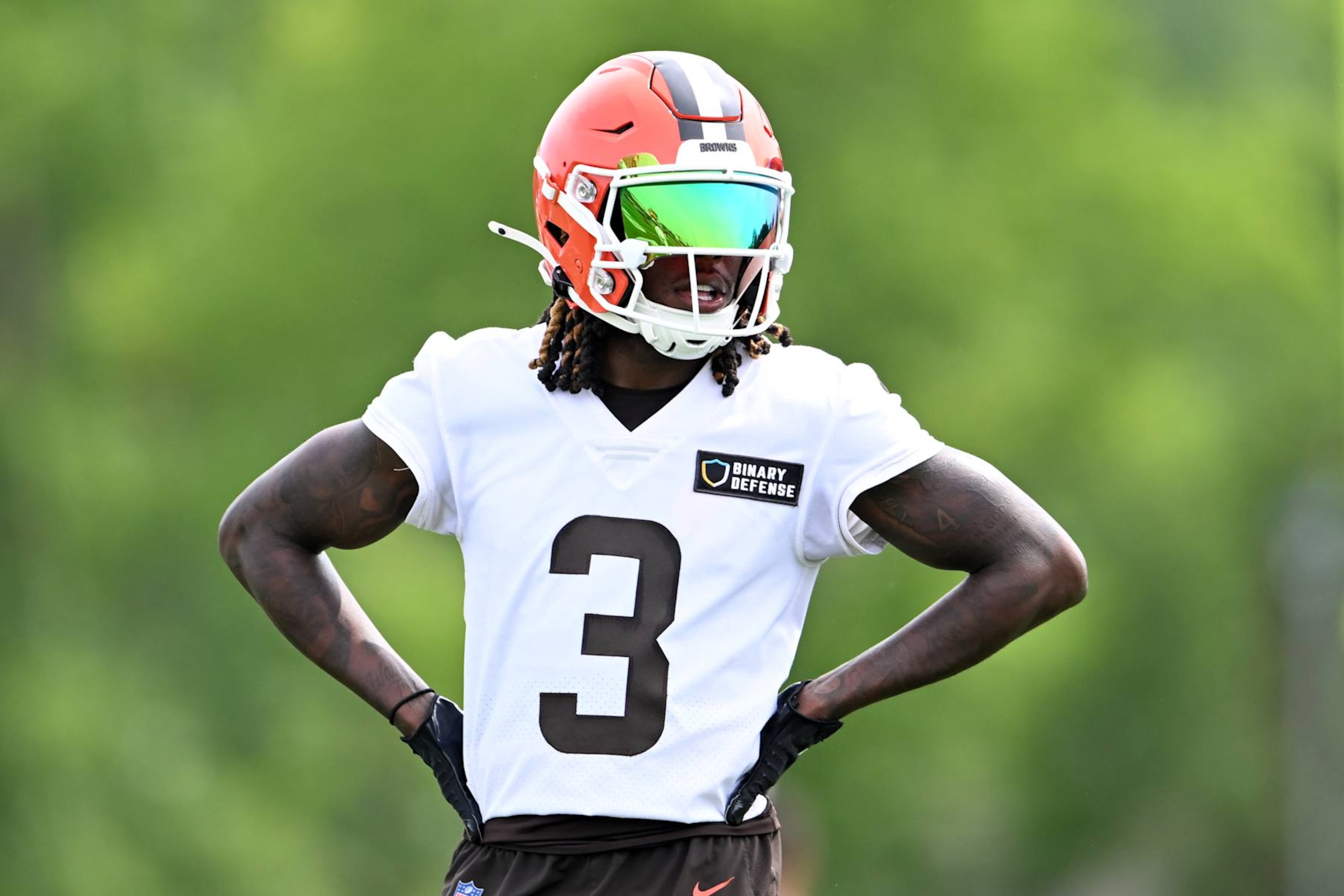 BEREA, OHIO - MAY 22: Jerry Jeudy #3 of the Cleveland Browns looks on during an OTA offseason workout at their CrossCountry Mortgage Campus on May 22, 2024 in Berea, Ohio. (Photo by Nick Cammett/Getty Images)