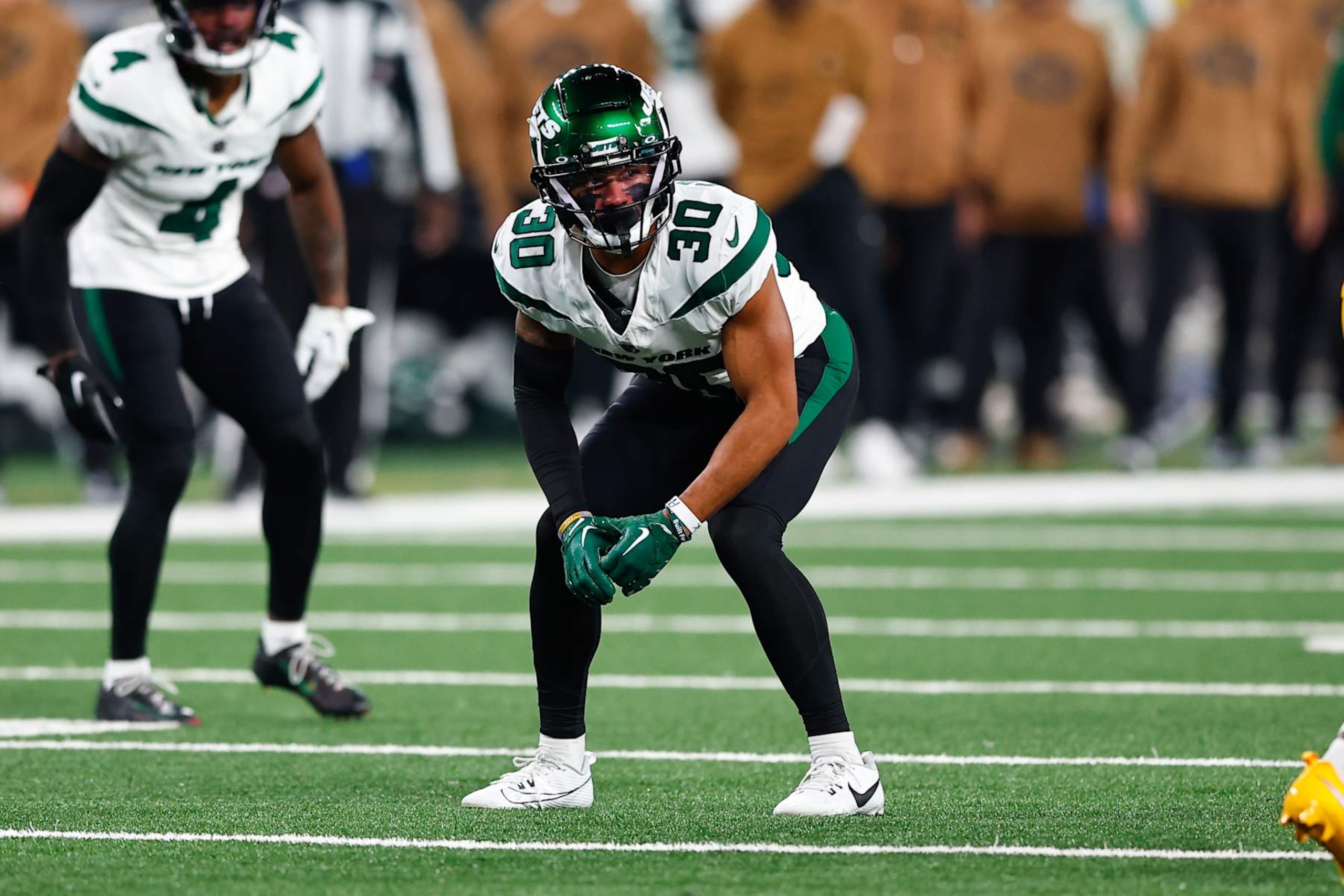 EAST RUTHERFORD, NJ - NOVEMBER 06:  Michael Carter II #30 of the New York Jets during the game against the Los Angeles Chargers on November 6, 2023 at MetLife Stadium in East Rutherford, New Jersey.   (Photo by Rich Graessle/Icon Sportswire via Getty Images)