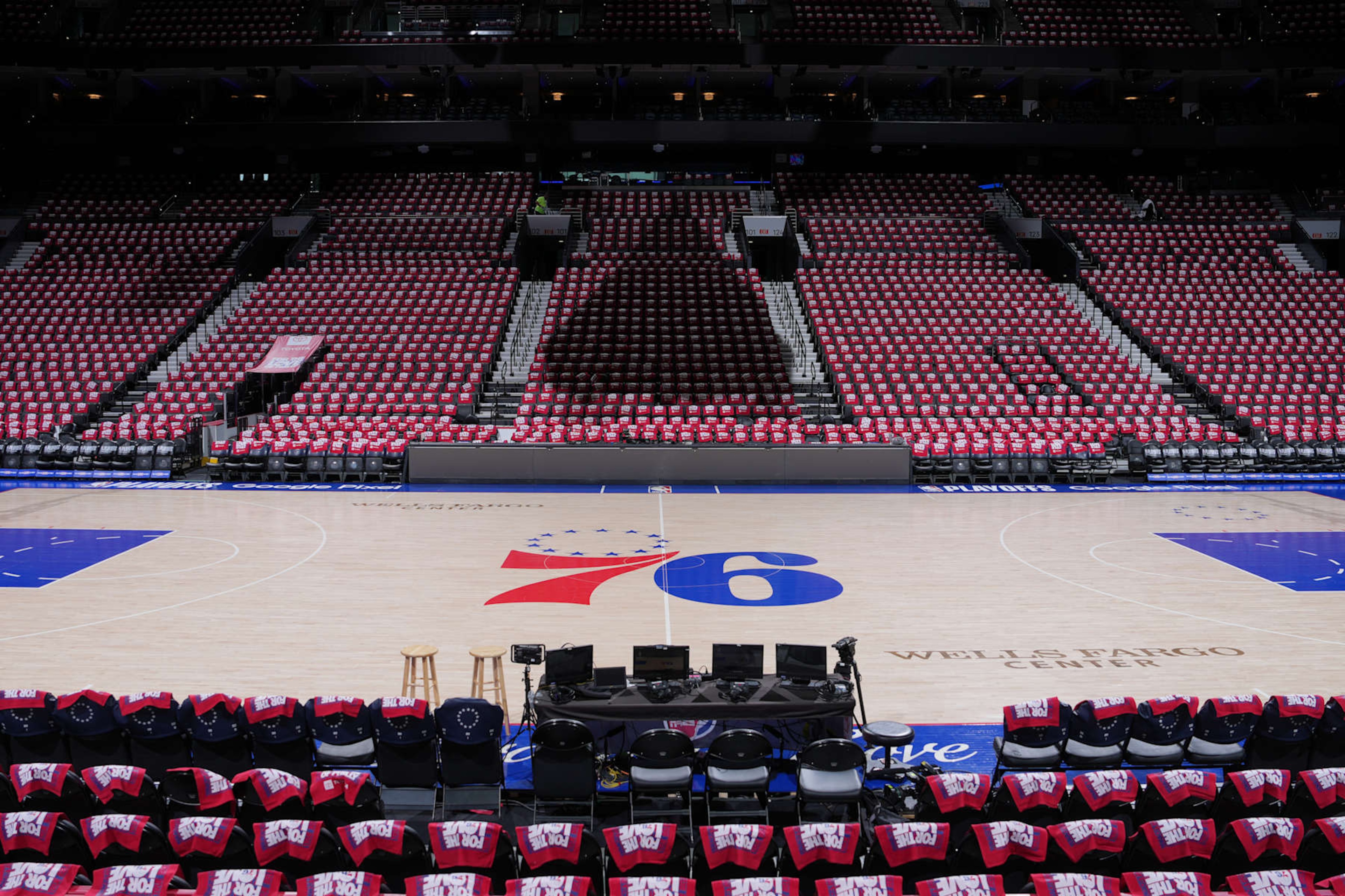 PHILADELPHIA, PA - APRIL 28: An overall view of the arena before the game between the New York Knicks adn the Philadelphia 76ers during Round 1 Game 4 of the 2024 NBA Playoffs on April 28, 2024 at the Wells Fargo Center in Philadelphia, Pennsylvania NOTE TO USER: User expressly acknowledges and agrees that, by downloading and/or using this Photograph, user is consenting to the terms and conditions of the Getty Images License Agreement. Mandatory Copyright Notice: Copyright 2024 NBAE (Photo by Jesse D. Garrabrant/NBAE via Getty Images) PHILADELPHIA, PA - APRIL 28: An overall view of the arena before the game between the New York Knicks adn the Philadelphia 76ers during Round 1 Game 4 of the 2024 NBA Playoffs on April 28, 2024 at the Wells Fargo Center in Philadelphia, Pennsylvania NOTE TO USER: User expressly acknowledges and agrees that, by downloading and/or using this Photograph, user is consenting to the terms and conditions of the Getty Images License Agreement. Mandatory Copyright Notice: Copyright 2024 NBAE (Photo by Jesse D. Garrabrant/NBAE via Getty Images)