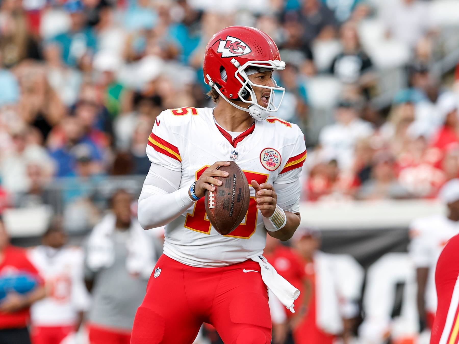 JACKSONVILLE, FL - AUGUST 10: Quarterback Patrick Mahomes #15 of the Kansas City Chiefs on a pass play during a preseason game against the Jacksonville Jaguars at EverBank Stadium on August 10, 2024 in Jacksonville, Florida. The Jaguars defeated the Chiefs 26 to 13. (Photo by Don Juan Moore/Getty Images)