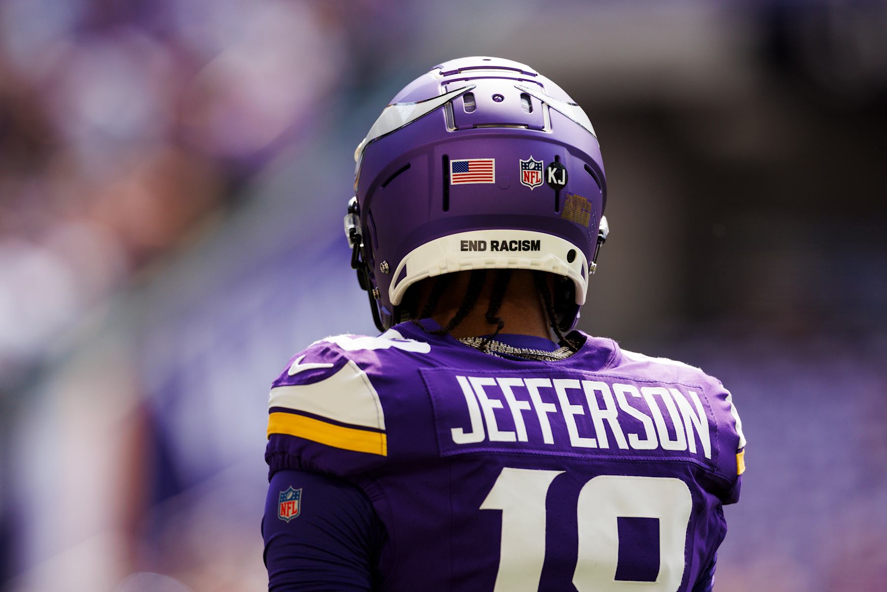 MINNEAPOLIS, MINNESOTA - AUGUST 10: Justin Jefferson #18 of the Minnesota Vikings back of jersey during a preseason game against the Las Vegas Raiders at U.S. Bank Stadium on August 10, 2024 in Minneapolis, Minnesota. (Photo by Ric Tapia/Getty Images)