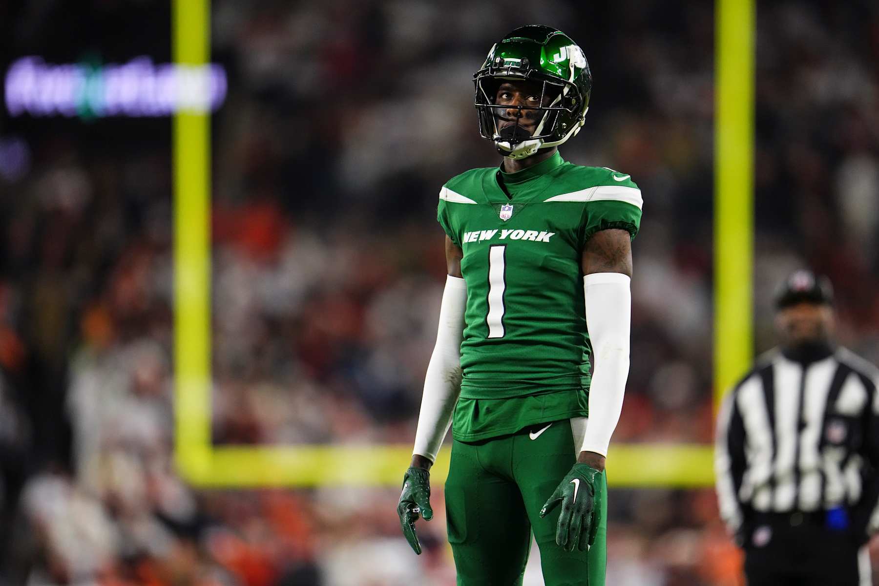 CLEVELAND, OH - DECEMBER 28: Sauce Gardner #1 of the New York Jets looks on from the field during an NFL football game against the Cleveland Browns at Cleveland Browns Stadium on December 28, 2023 in Cleveland, Ohio. (Photo by Cooper Neill/Getty Images)