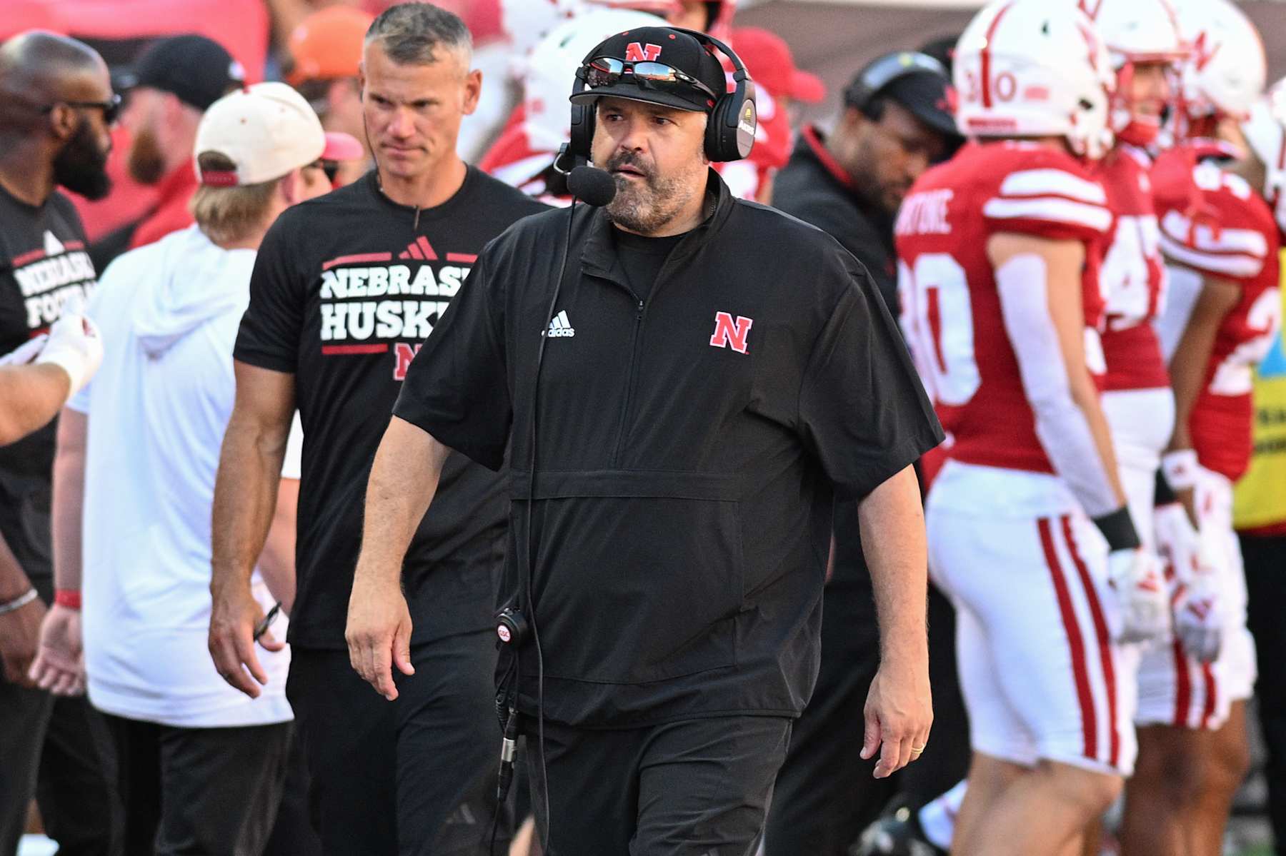LINCOLN, NEBRASKA - AUGUST 31: Head coach Matt Rhule of the Nebraska Cornhuskers walks the sidelines against the UTEP Miners during the fourth quarter at Memorial Stadium on August 31, 2024 in Lincoln, Nebraska. (Photo by Steven Branscombe/Getty Images)